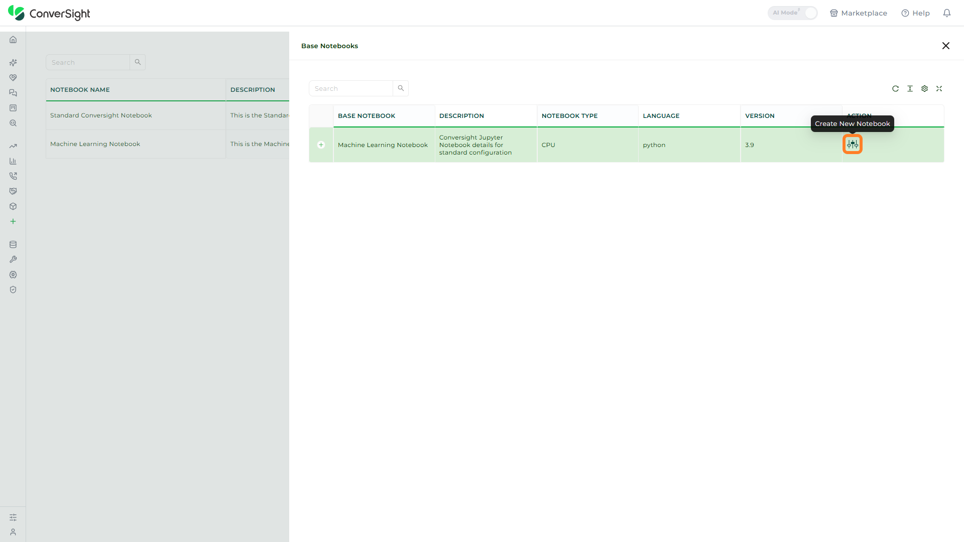 Create New Notebook icon and tooltip highlighted in the Action column of a base notebook