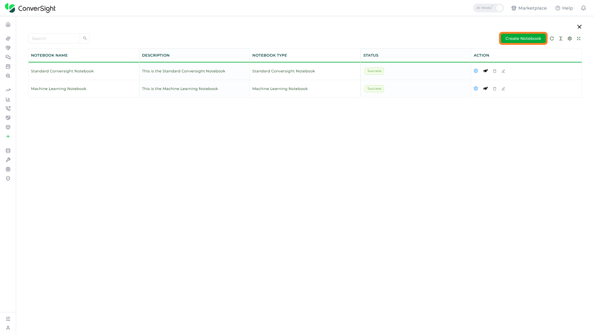 Create Notebook button highlighted at the top right of the Notebook page