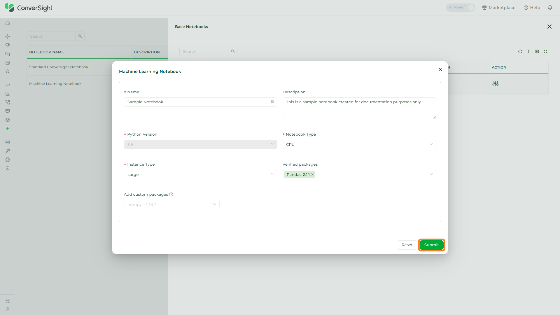 Submit button highlighted on the notebook creation page