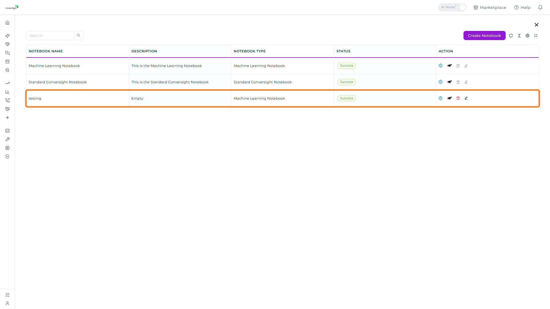 Created notebook listed on the Notebook page with a green Success status, with the notebook row highlighted