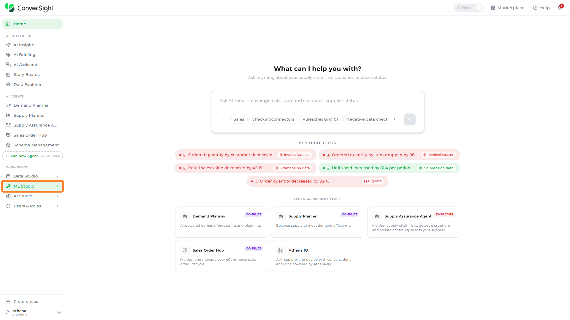 ML Studio option highlighted in the Workbench section of the left navigation panel