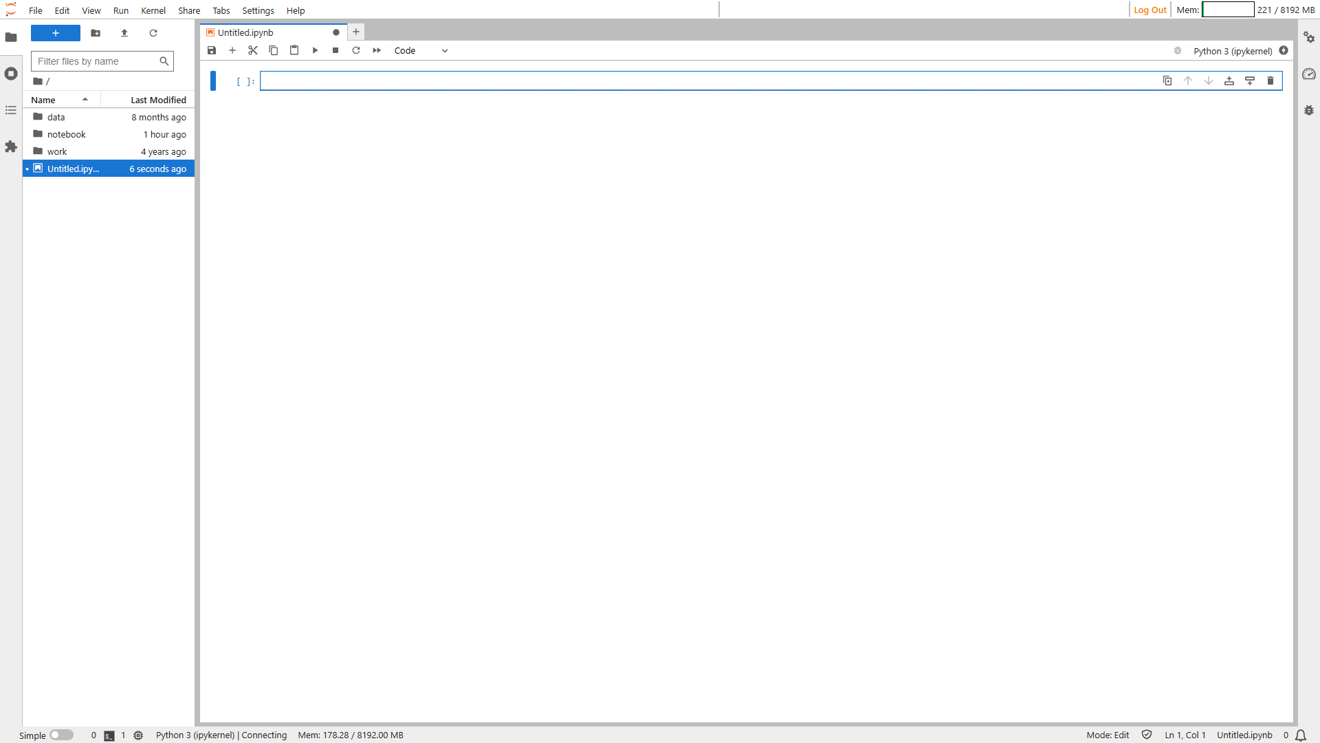 Jupyter Notebook interface open with a code cell ready for input and the file browser on the left