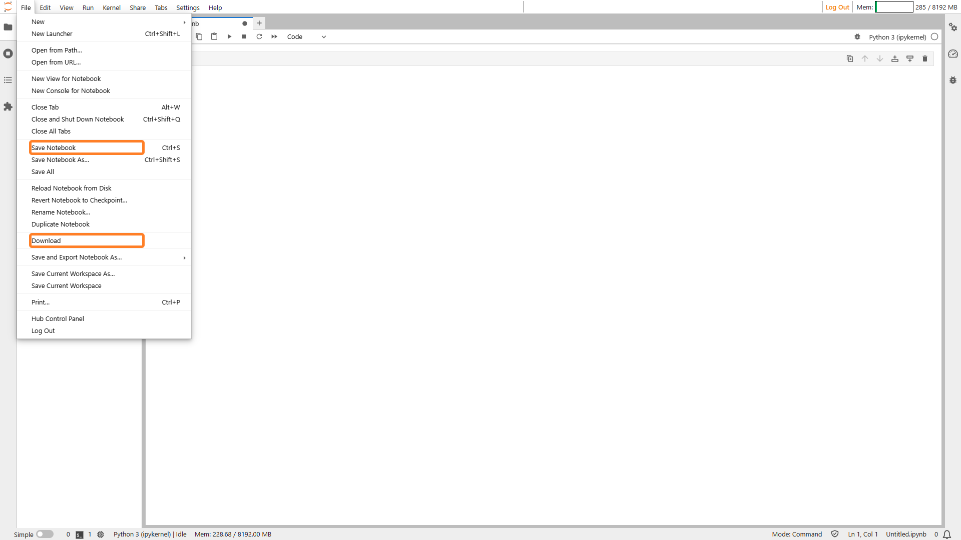 File menu open in the Jupyter interface with the Save Notebook and Download options highlighted