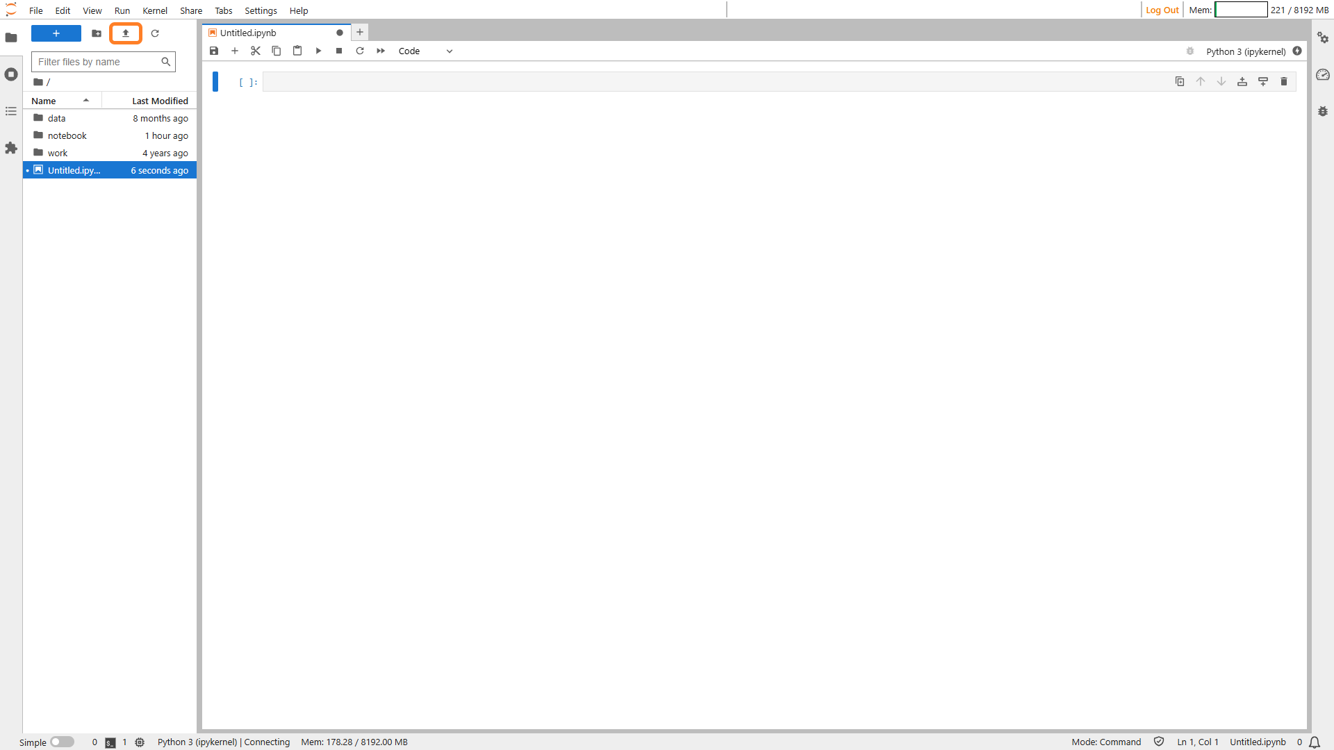 Upload icon highlighted in the file browser toolbar of the Jupyter interface