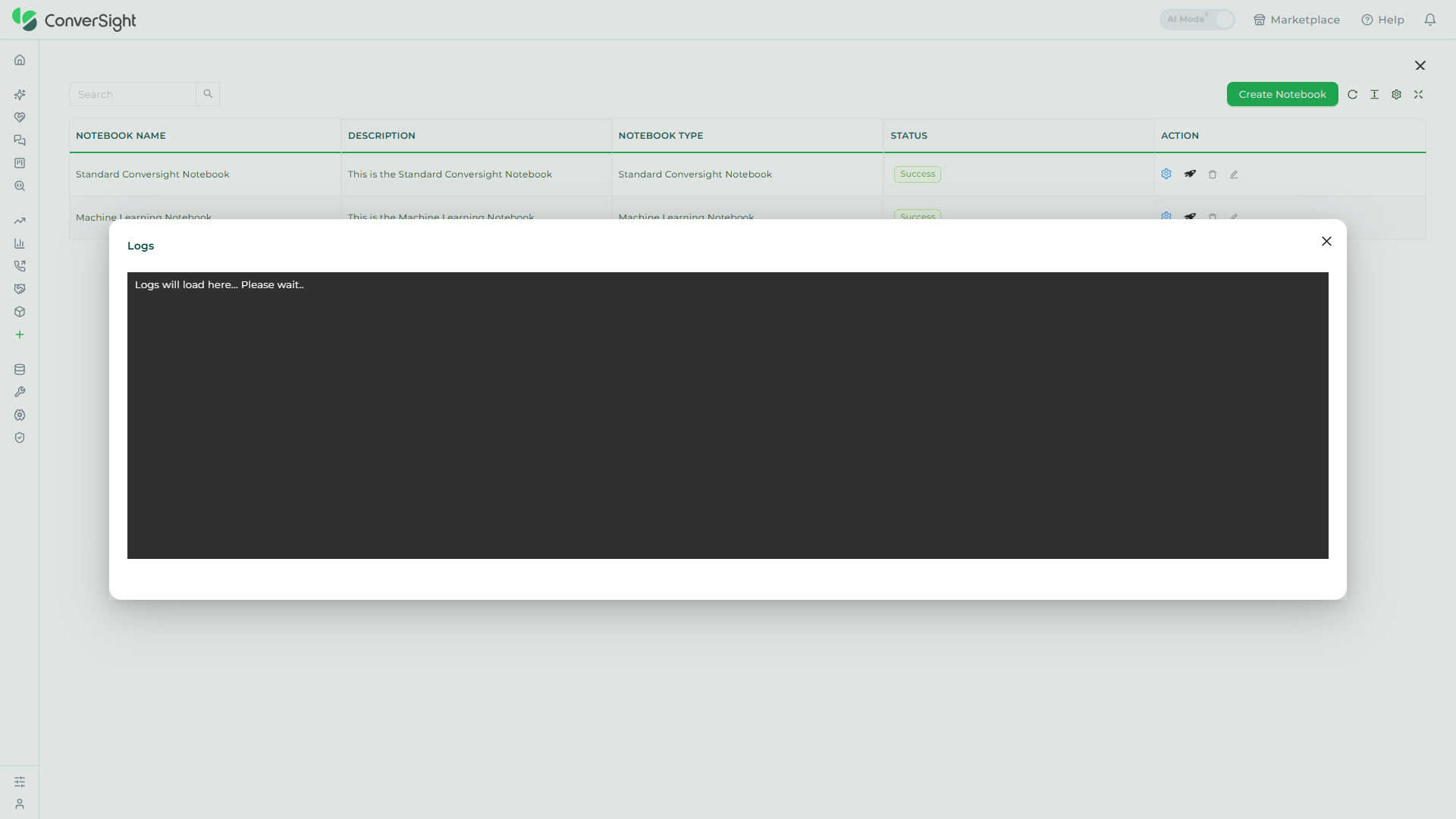 Logs window opened for the selected notebook