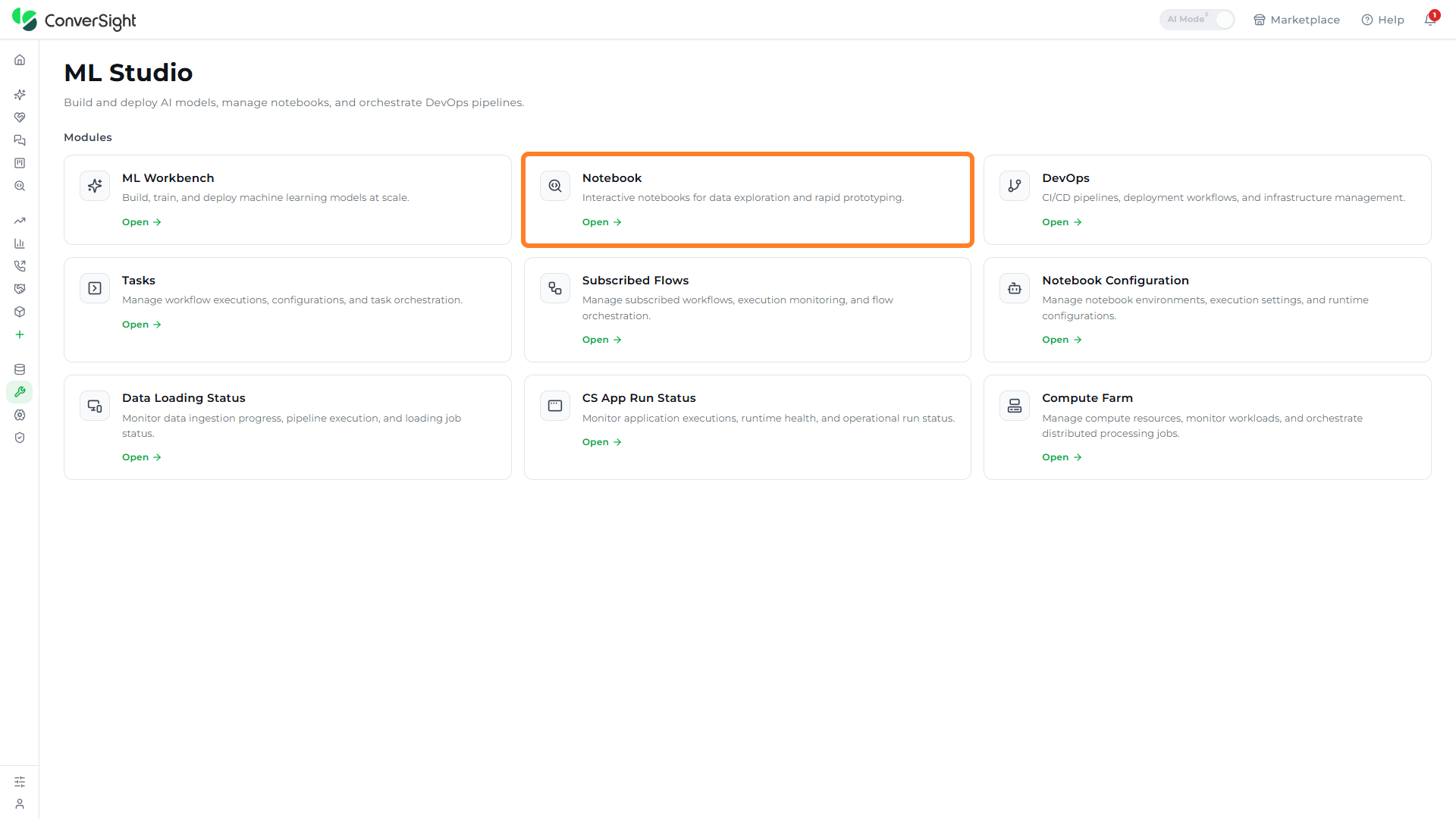 Notebook module highlighted in the Modules grid on the ML Studio page