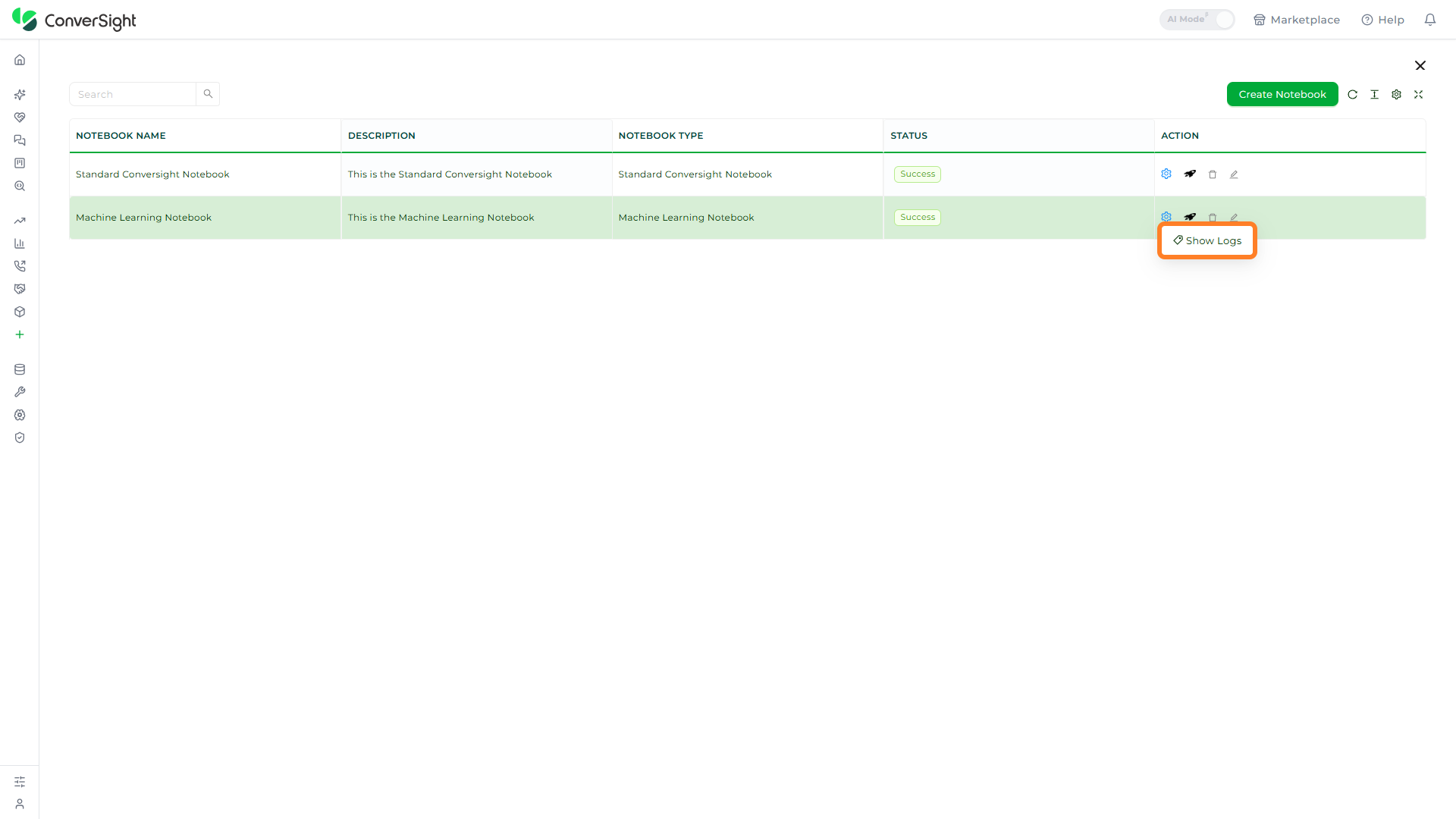 Show Logs option displayed from the Settings menu of the Machine Learning Notebook row