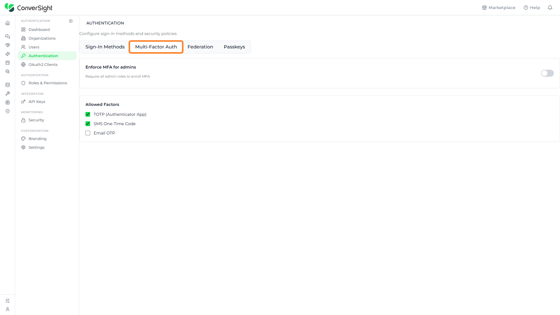 Multi-Factor Auth tab highlighted in the Authentication tab bar