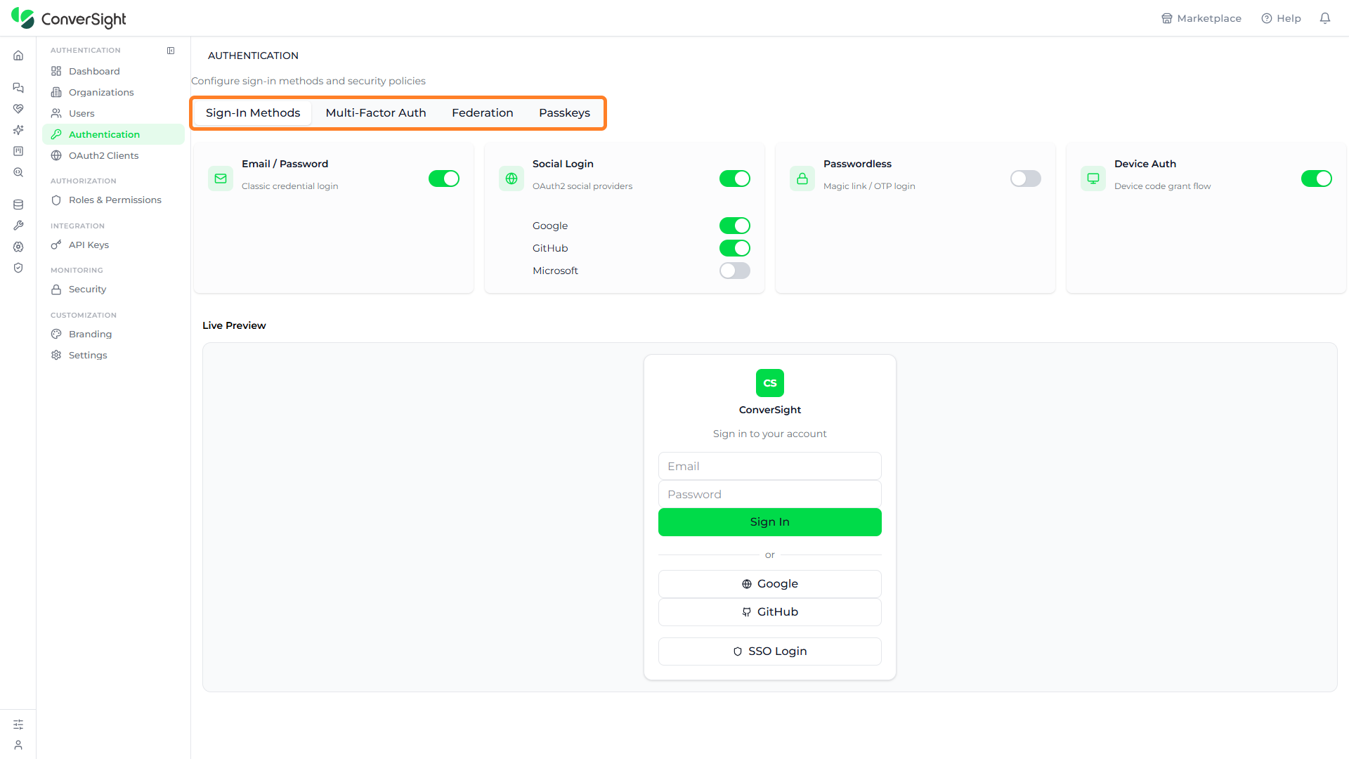 Authentication page with the Sign-In Methods, Multi-Factor Auth, Federation, and Passkeys tabs highlighted