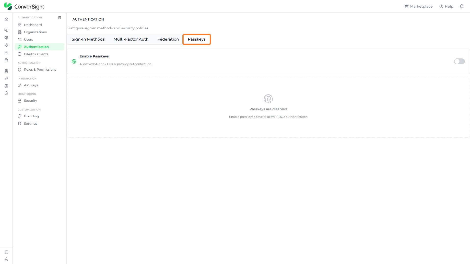 Passkeys tab highlighted in the Authentication tab bar