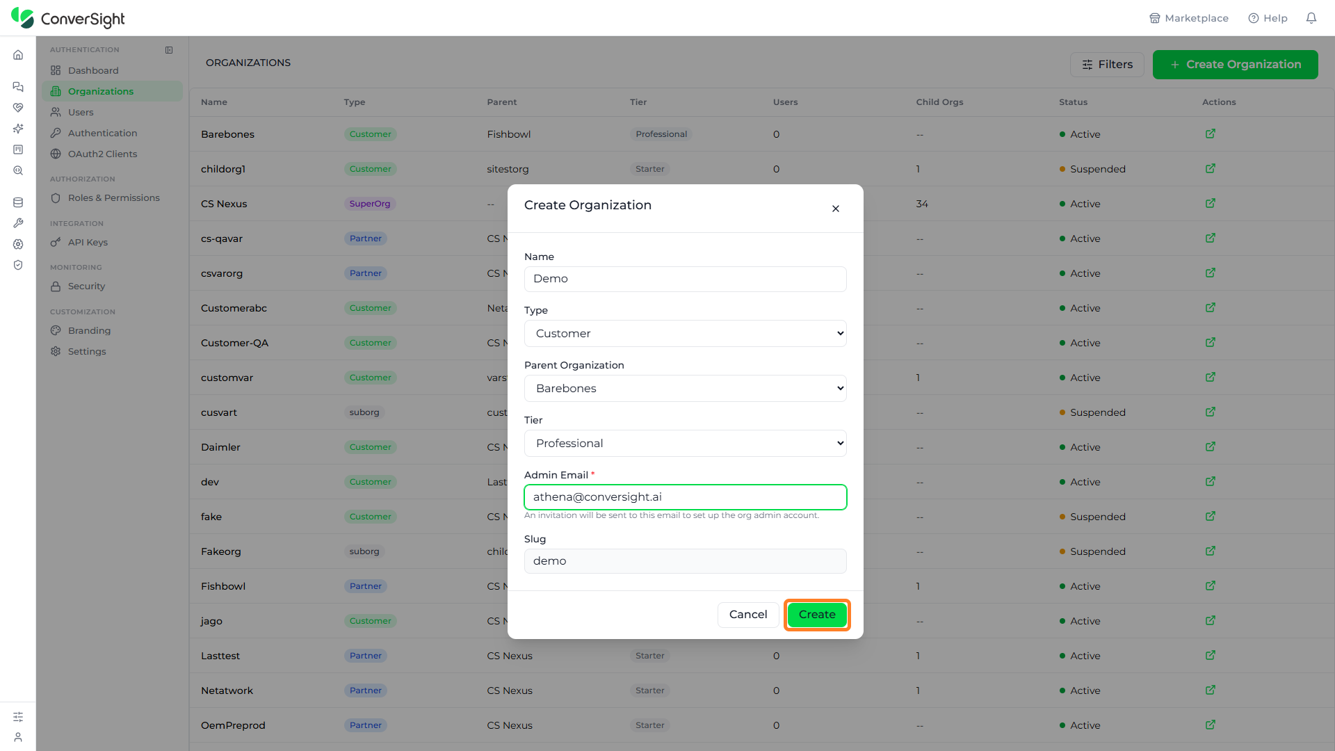 Create button highlighted in the Create Organization popup