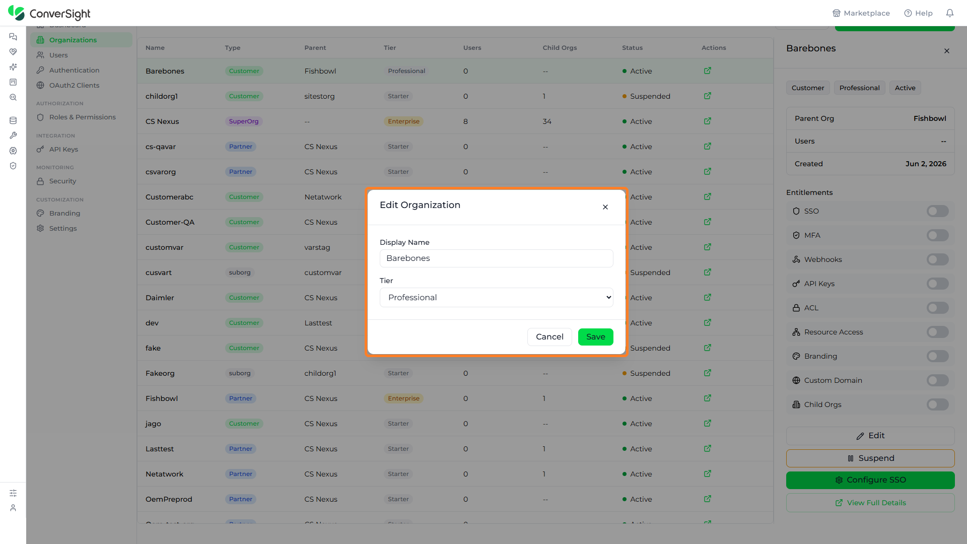 Edit Organization page with the Display Name and Tier fields