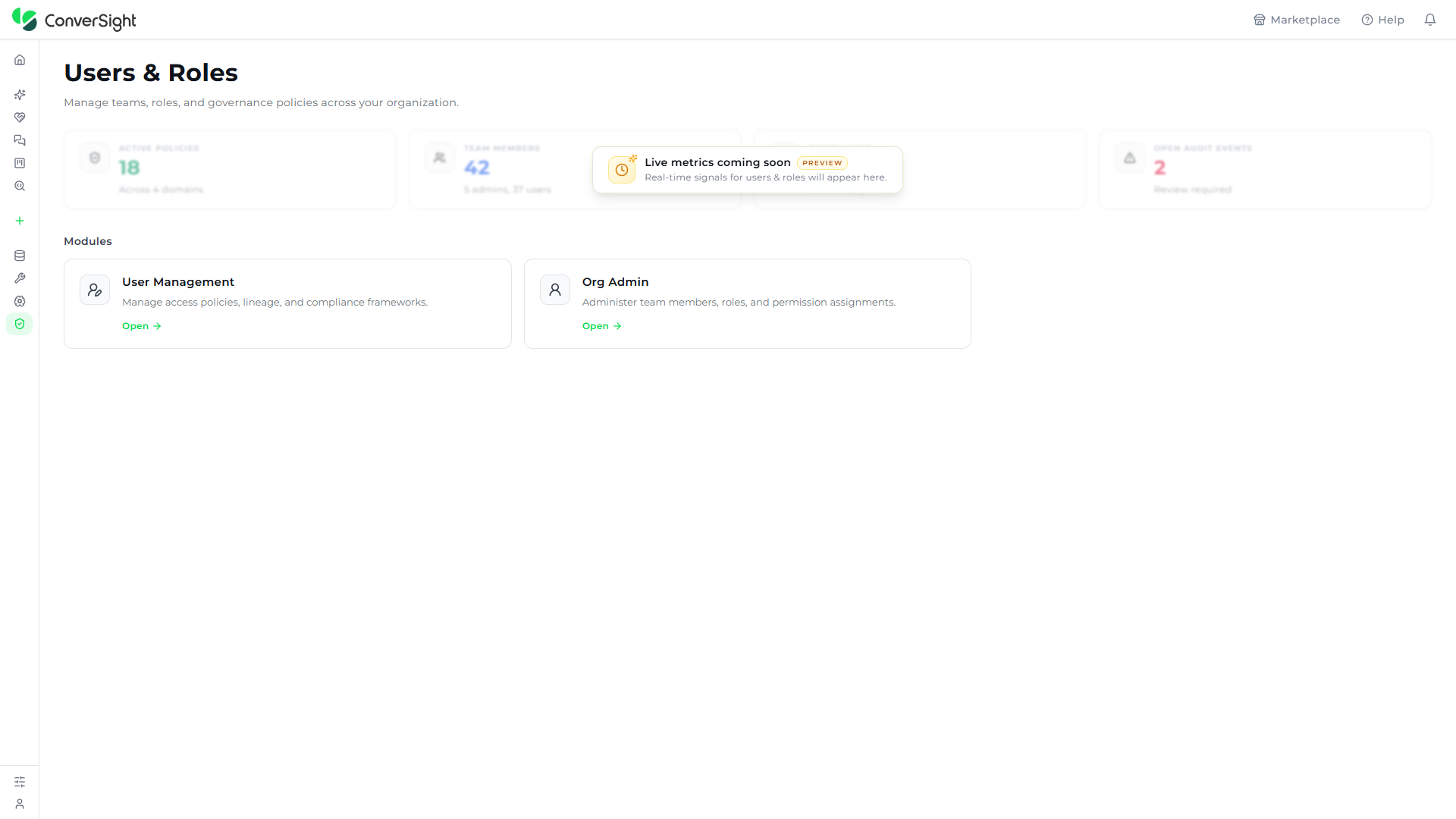 Users & Roles workspace showing the available modules