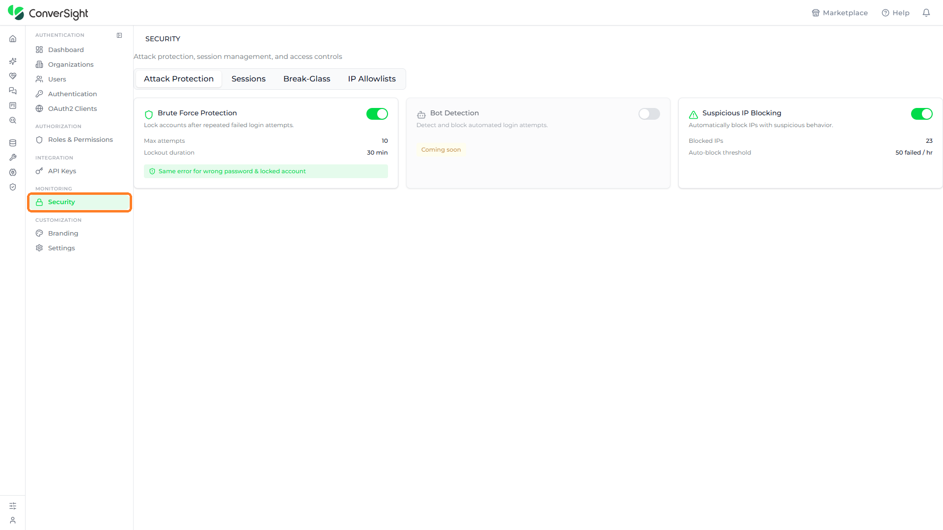 Security option highlighted under the Monitoring group in the left navigation panel