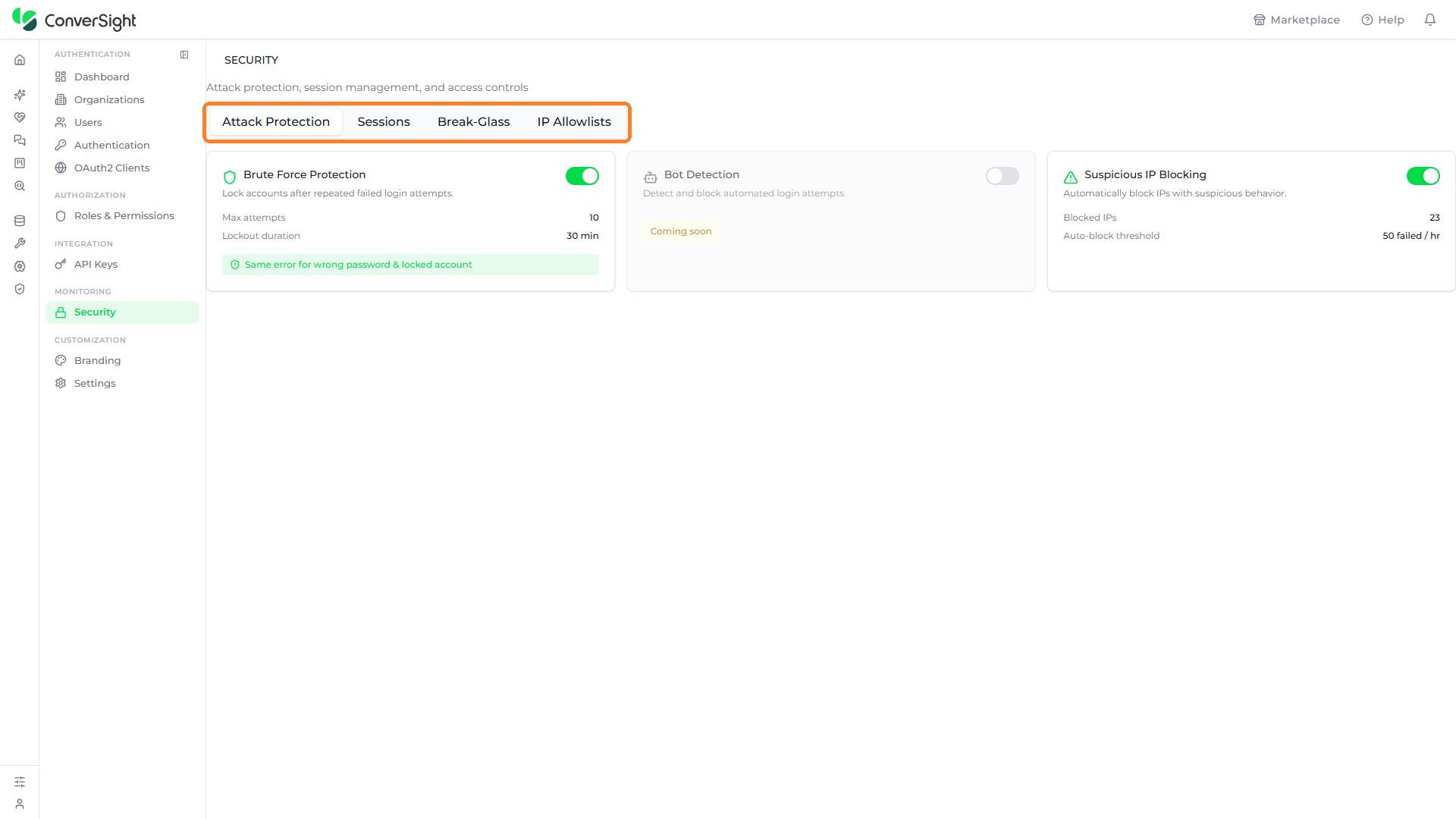 Tab row at the top of the Security page with the four tabs highlighted