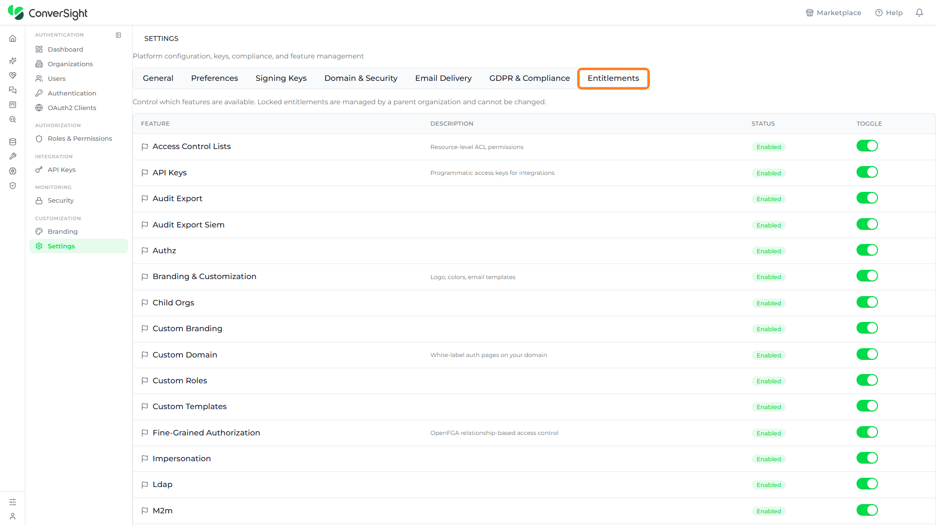 Entitlements tab highlighted on the Settings page