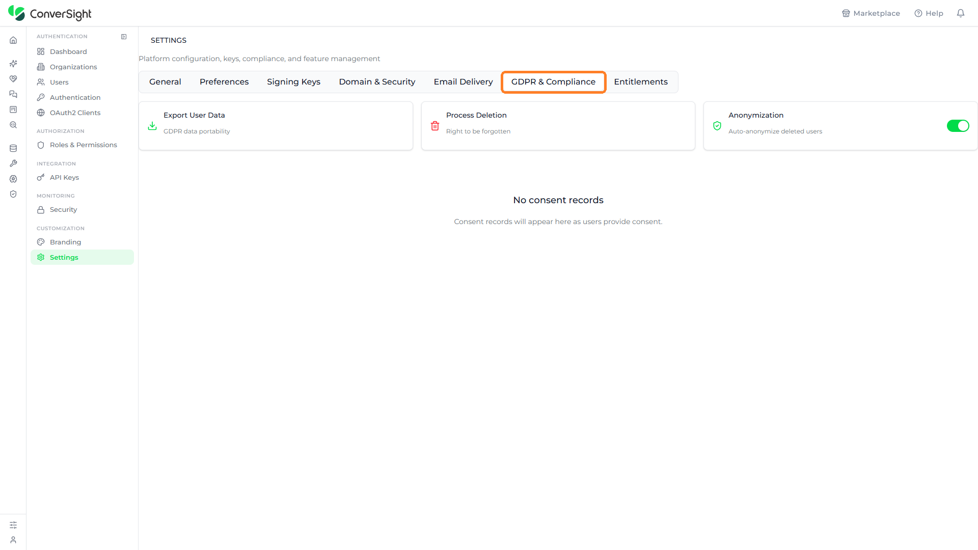 GDPR & Compliance tab highlighted on the Settings page