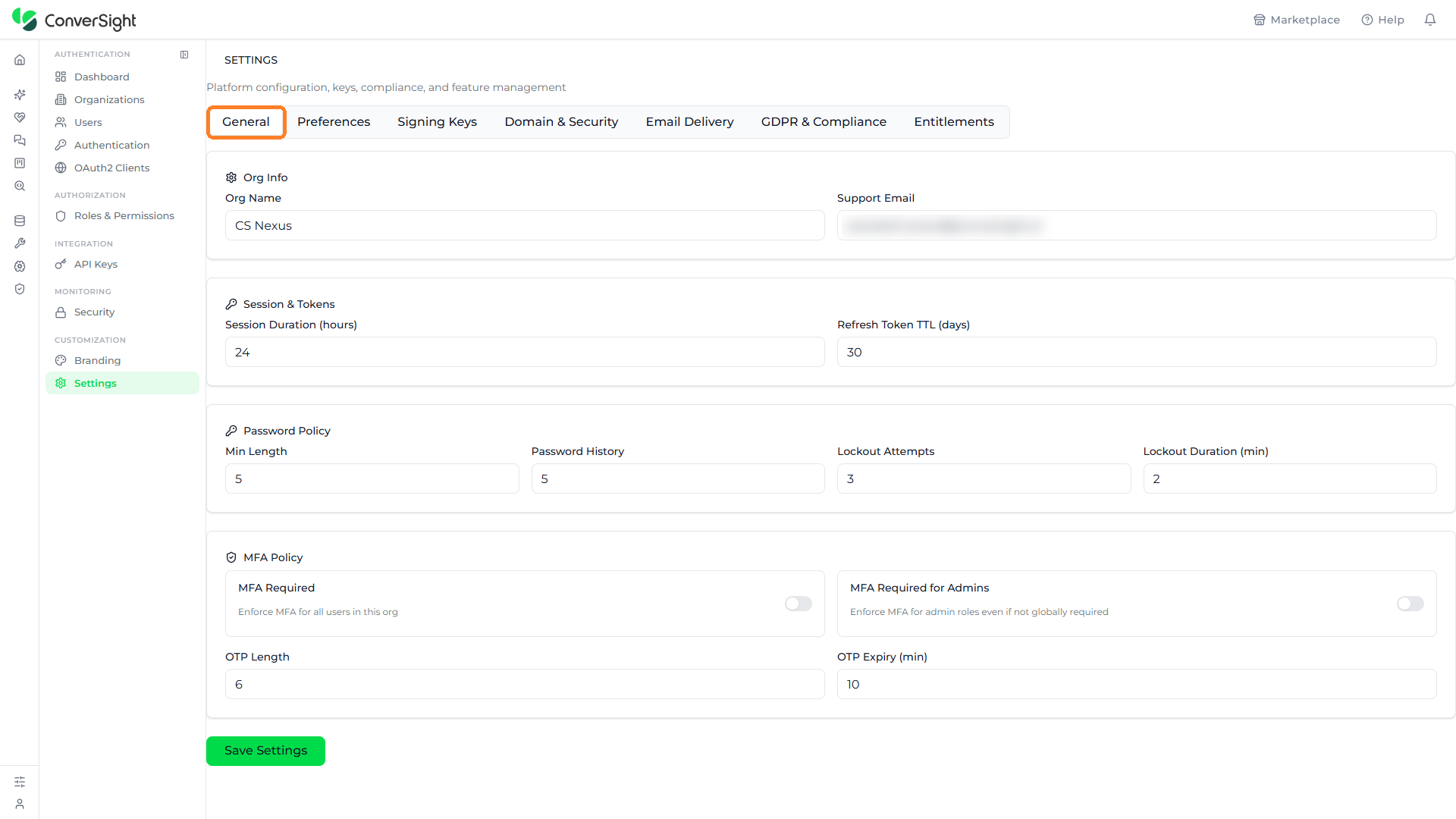 General tab highlighted on the Settings page