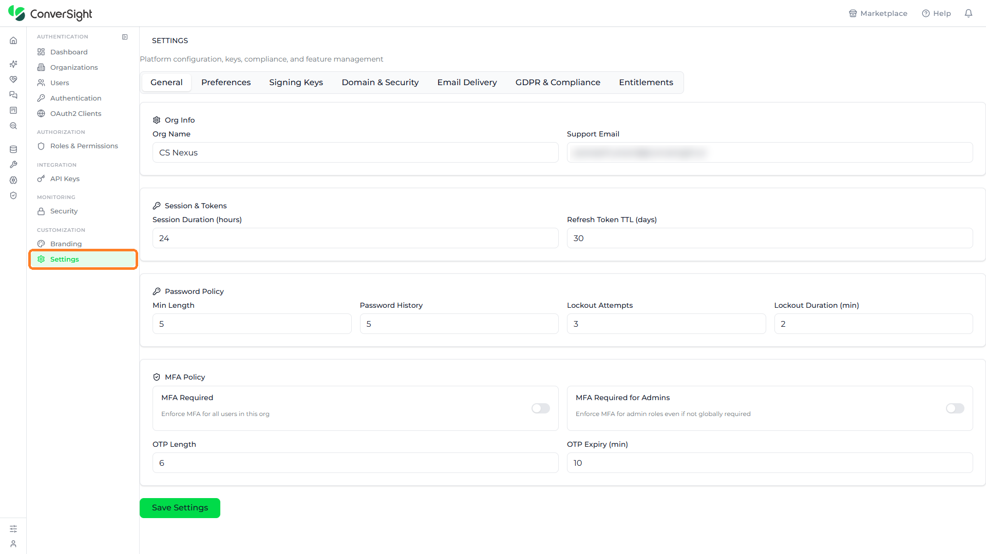 Settings option highlighted under the Customization group in the left navigation panel