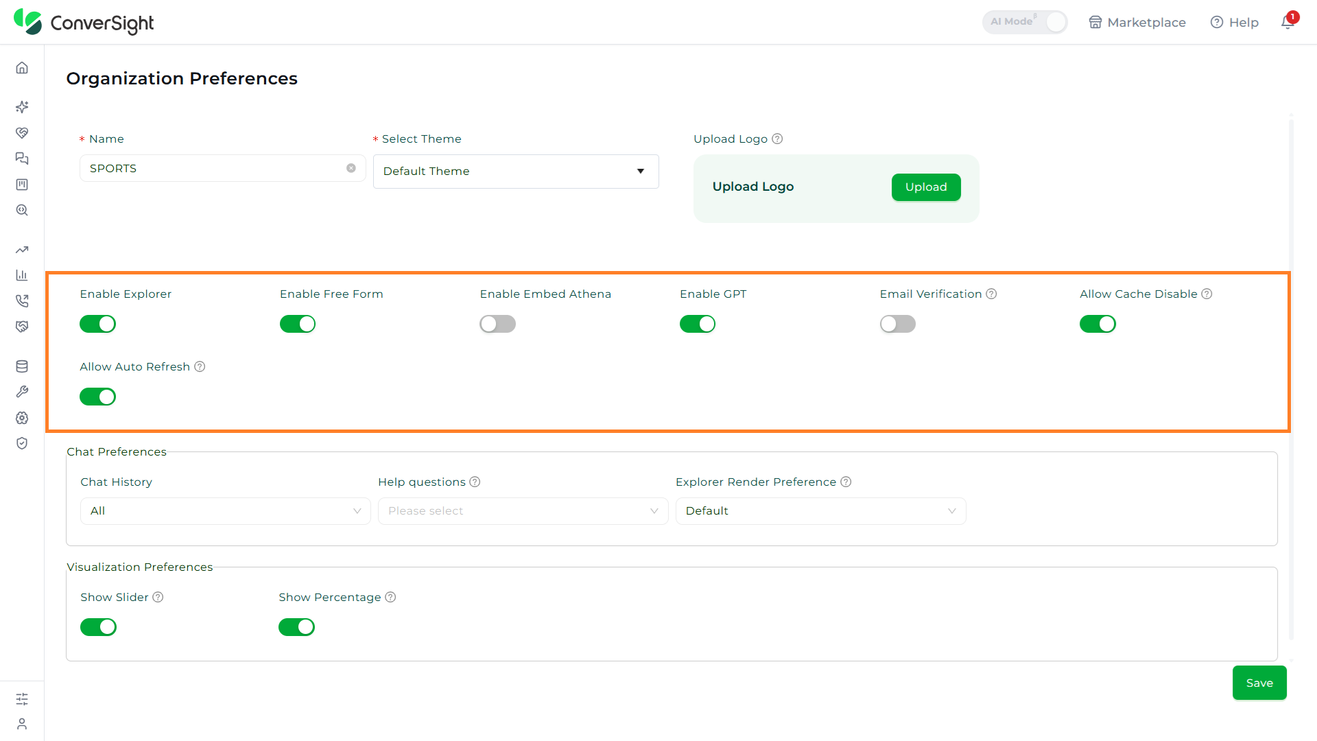 Additional Features toggles on the Organization Preferences page