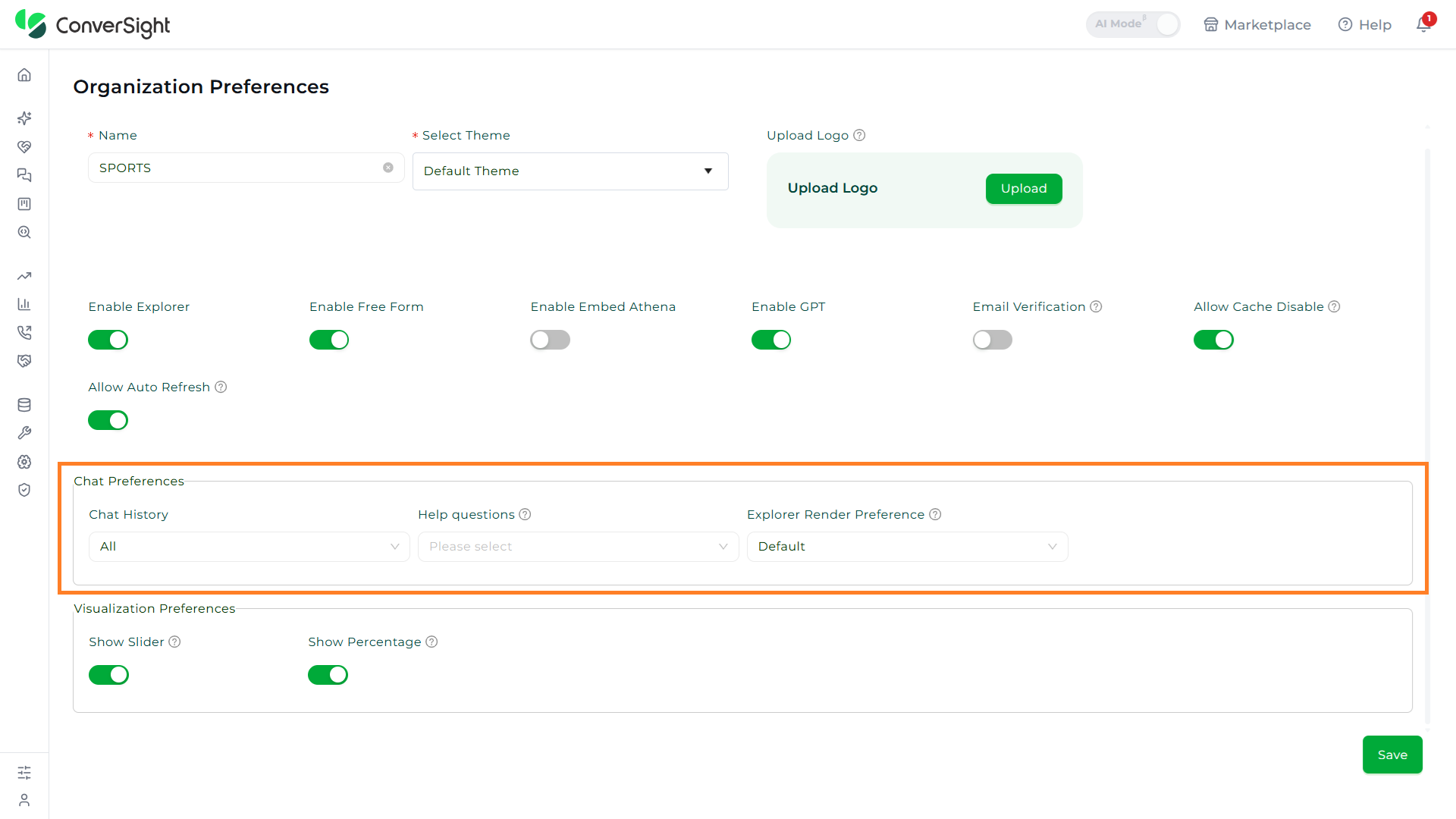 Chat Preferences section on the Organization Preferences page