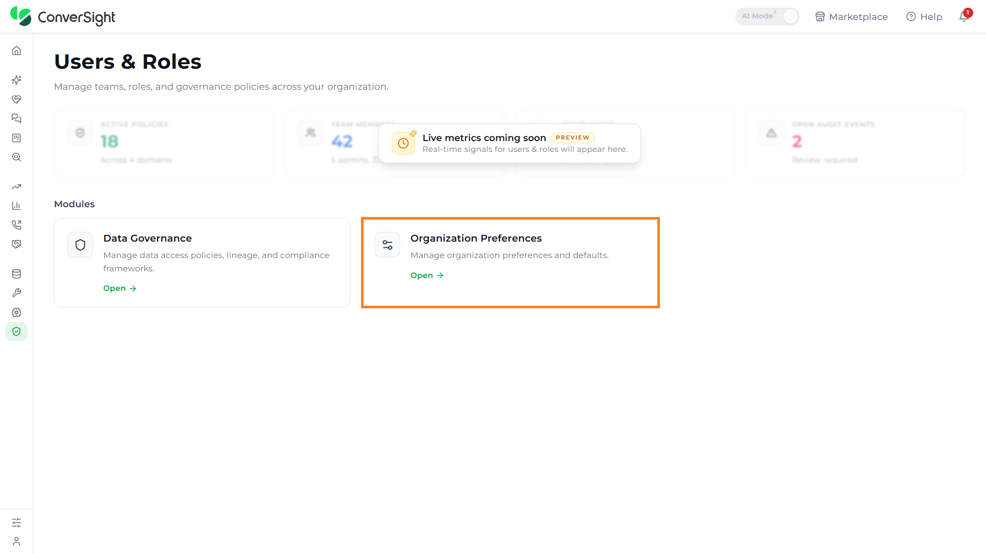 Organization Preferences option highlighted within the Users and Roles workspace