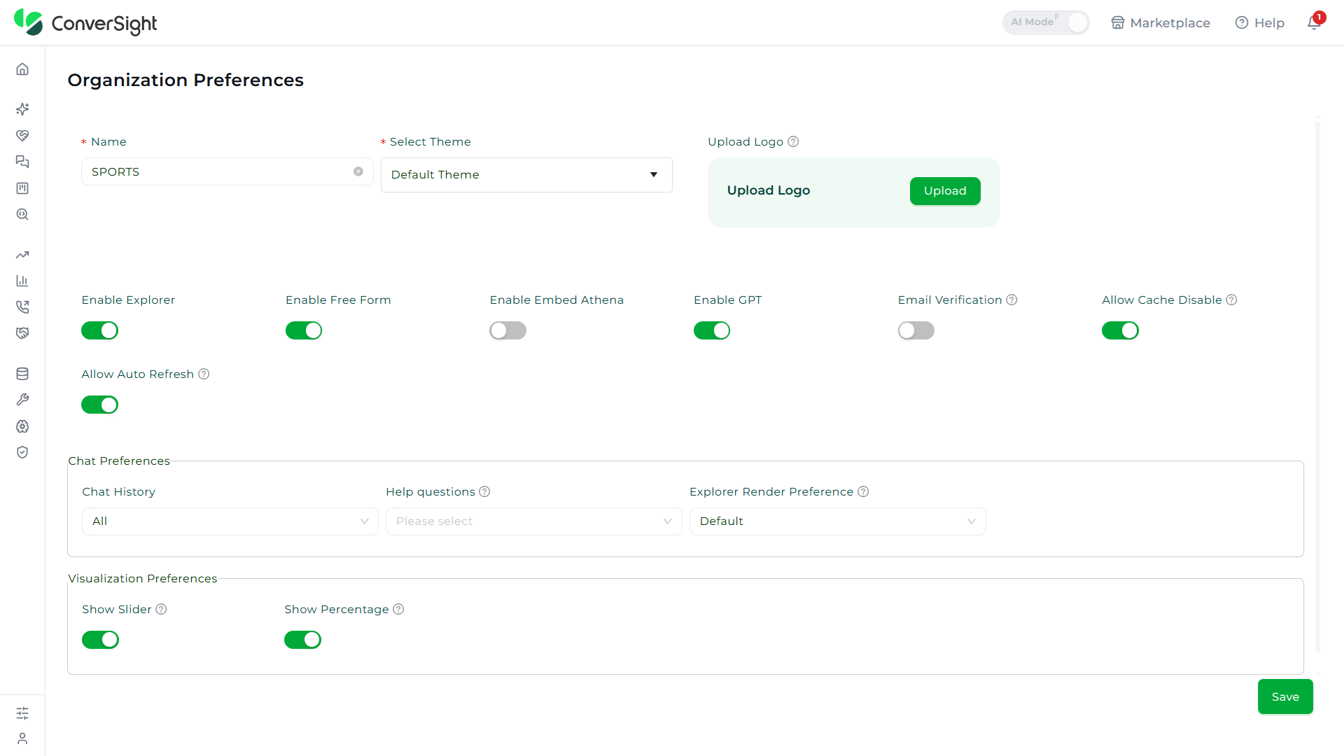 Organization Preferences page showing the full settings form