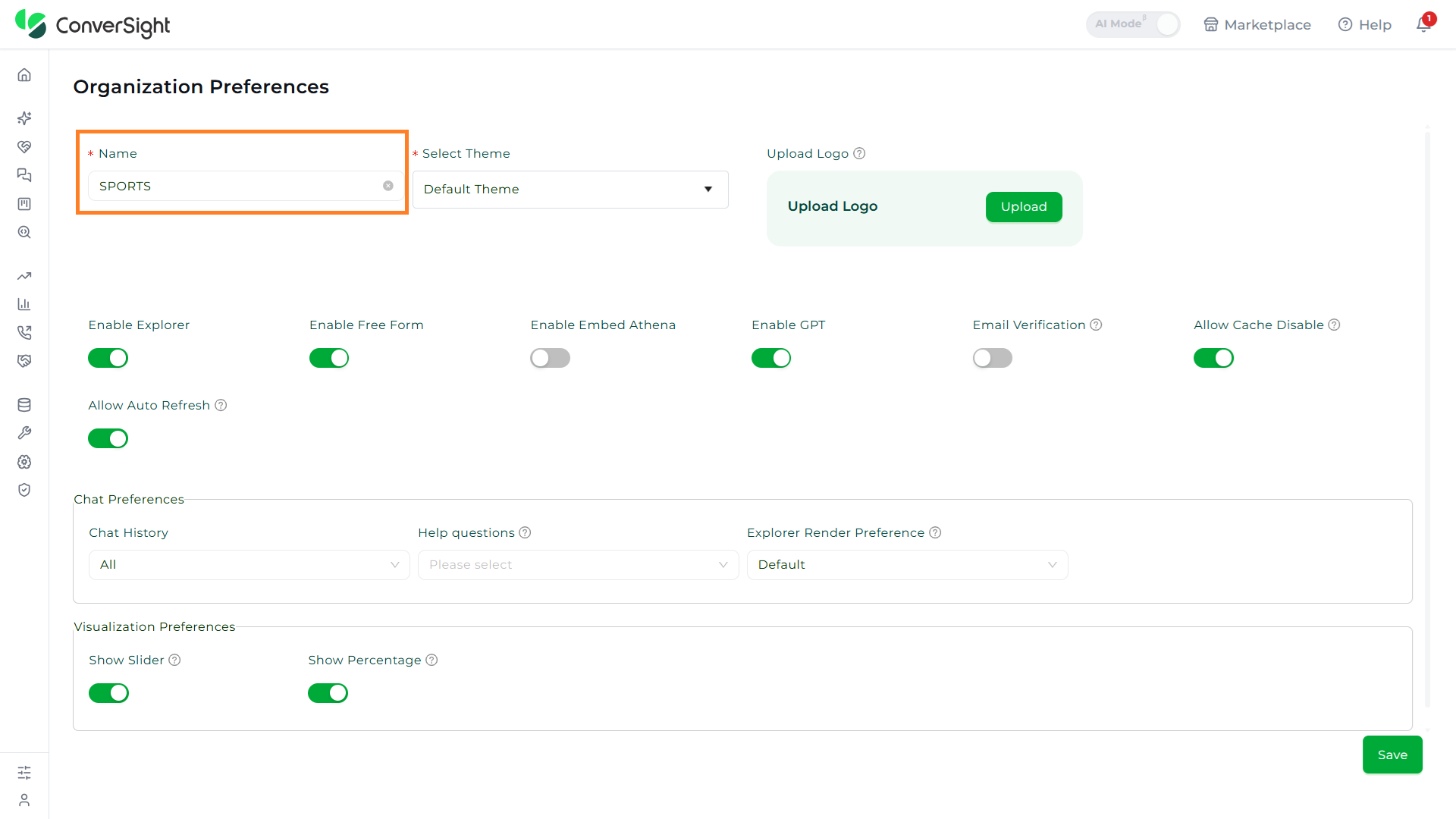 Organization Name field on the Organization Preferences page