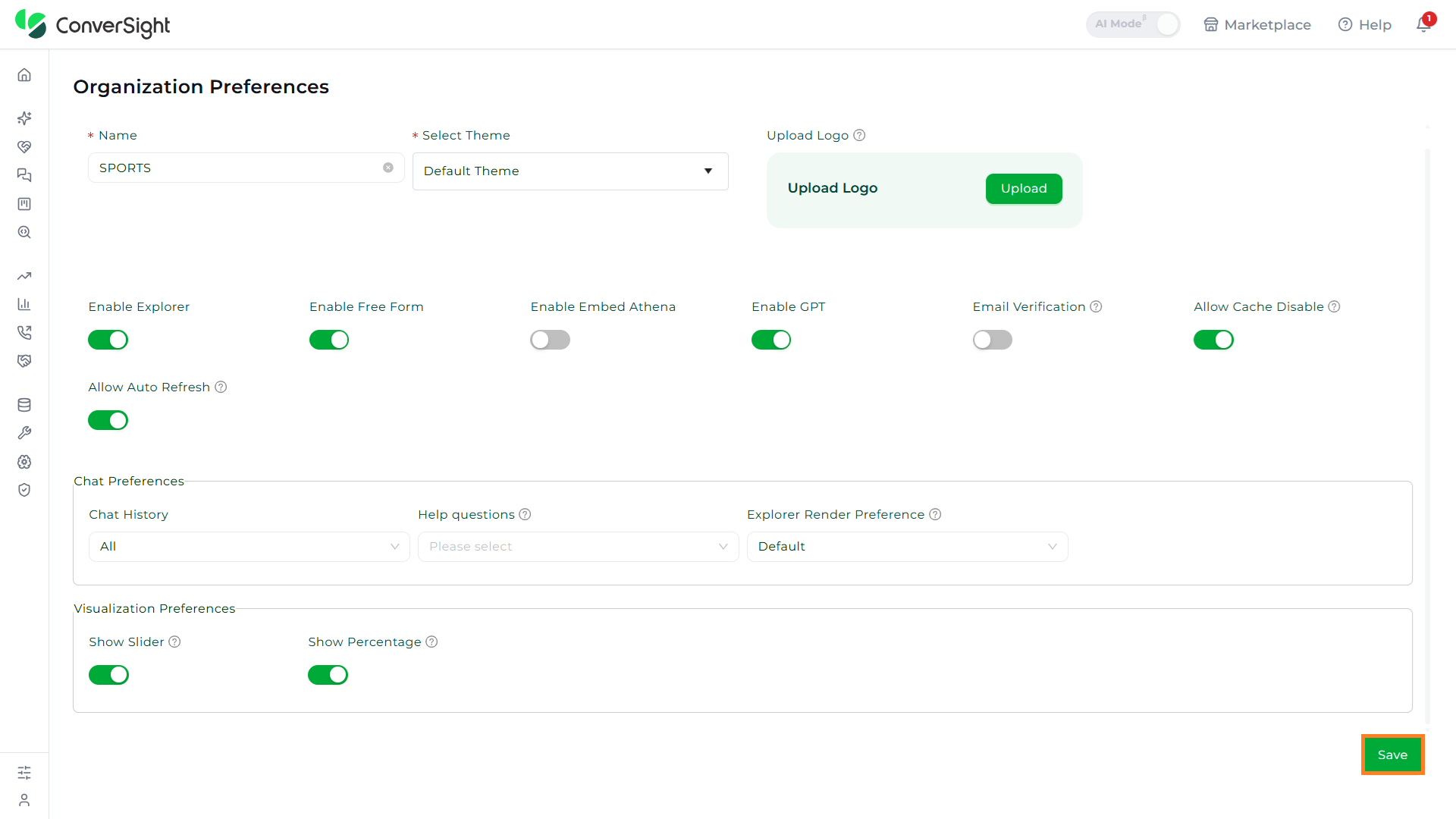 Save button highlighted on the Organization Preferences page