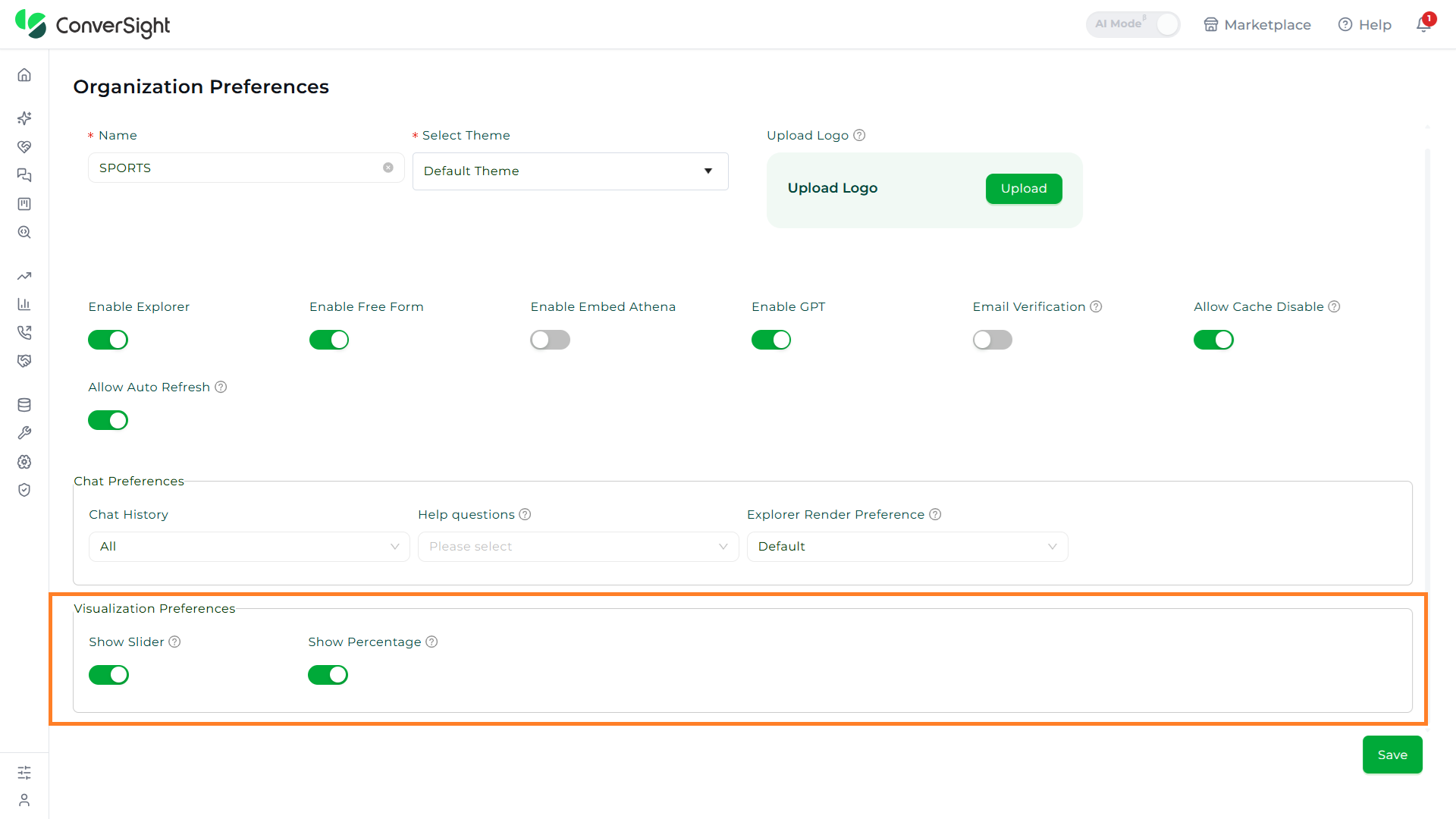 Visualization Preferences section on the Organization Preferences page