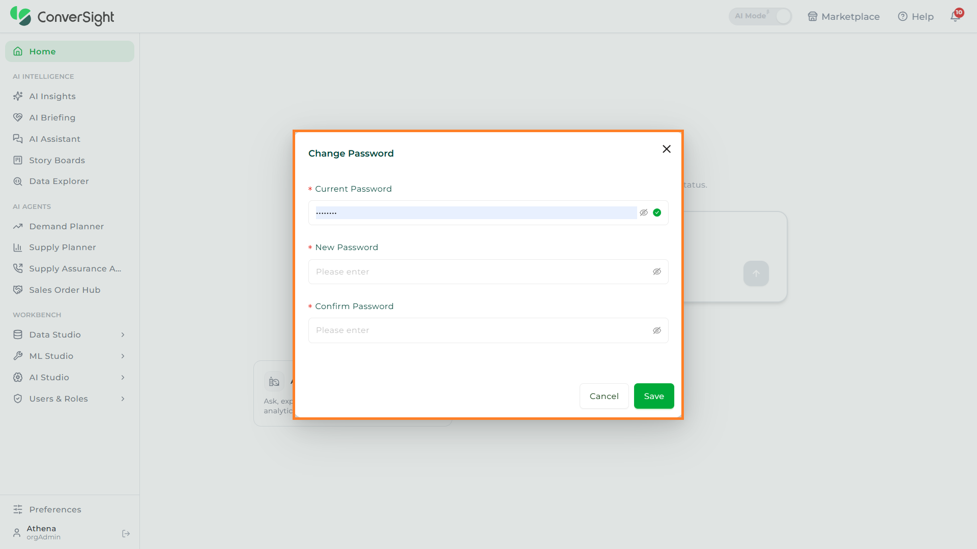 Change Password dialog showing the three password fields