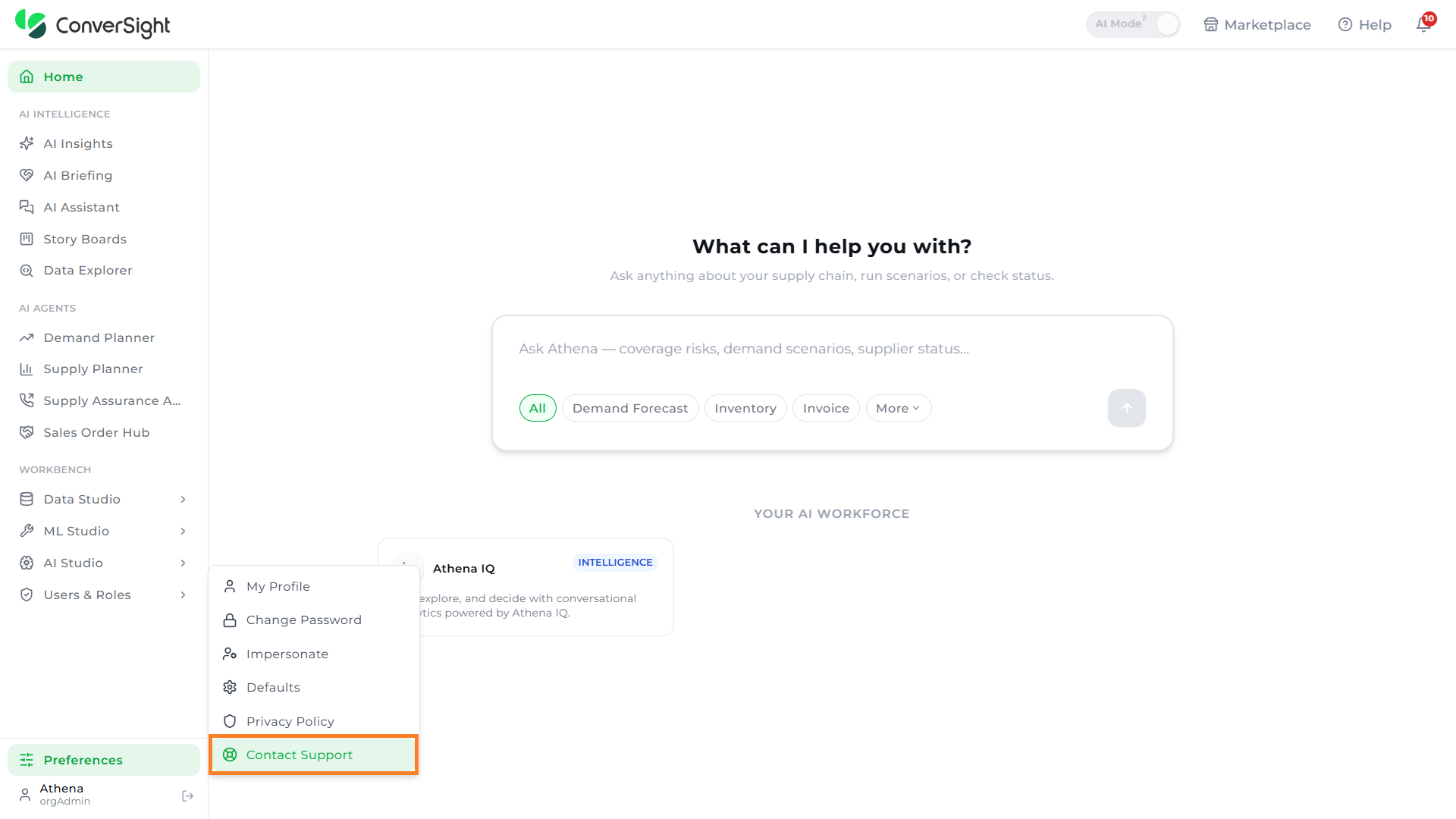 Contact Support option highlighted in the Preferences menu