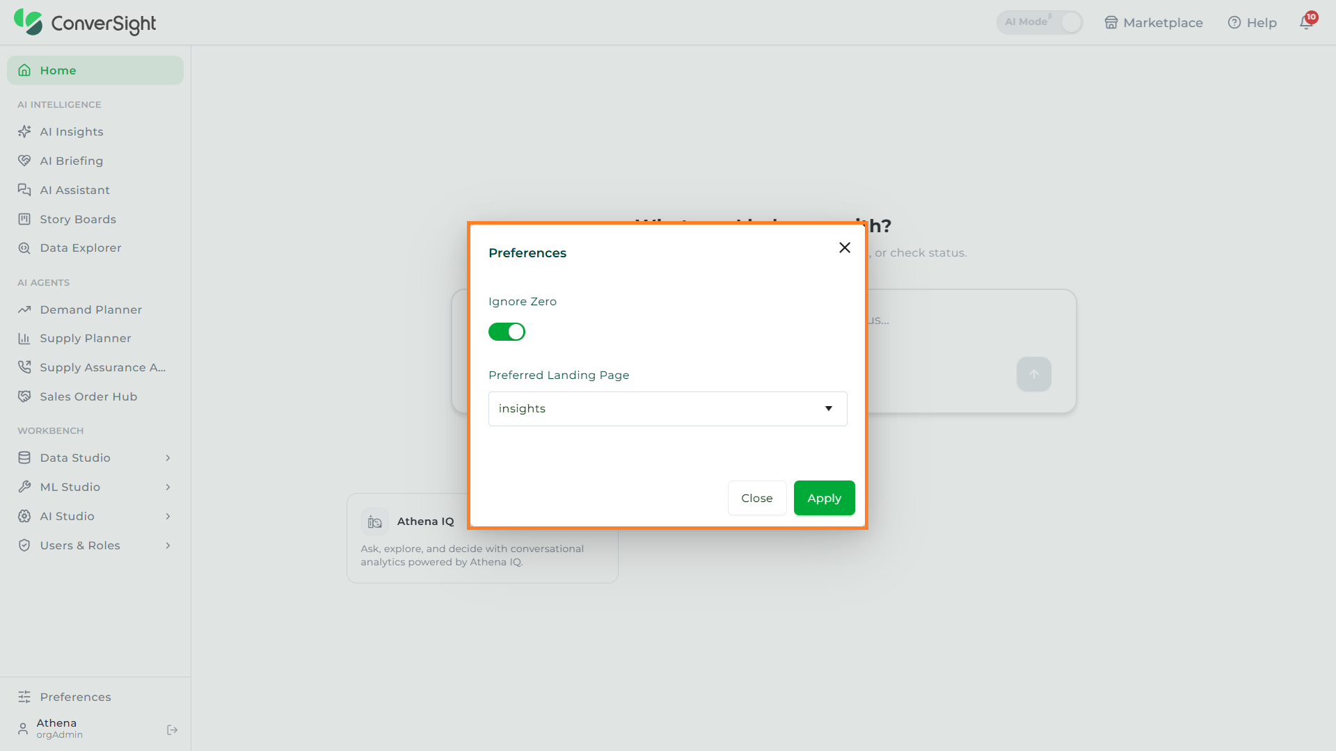 Defaults dialog with Ignore Zero toggle and Preferred Landing Page dropdown