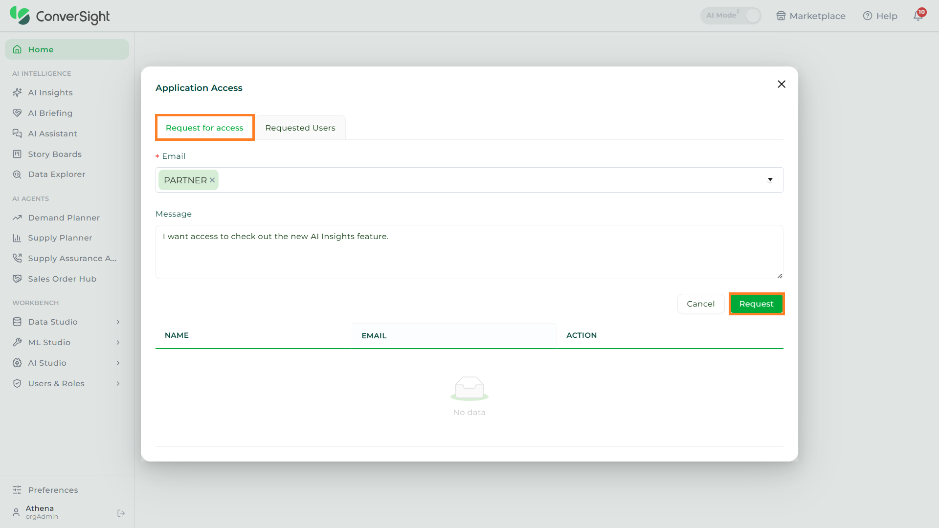Request for access tab showing the email selector, message field, and Request button