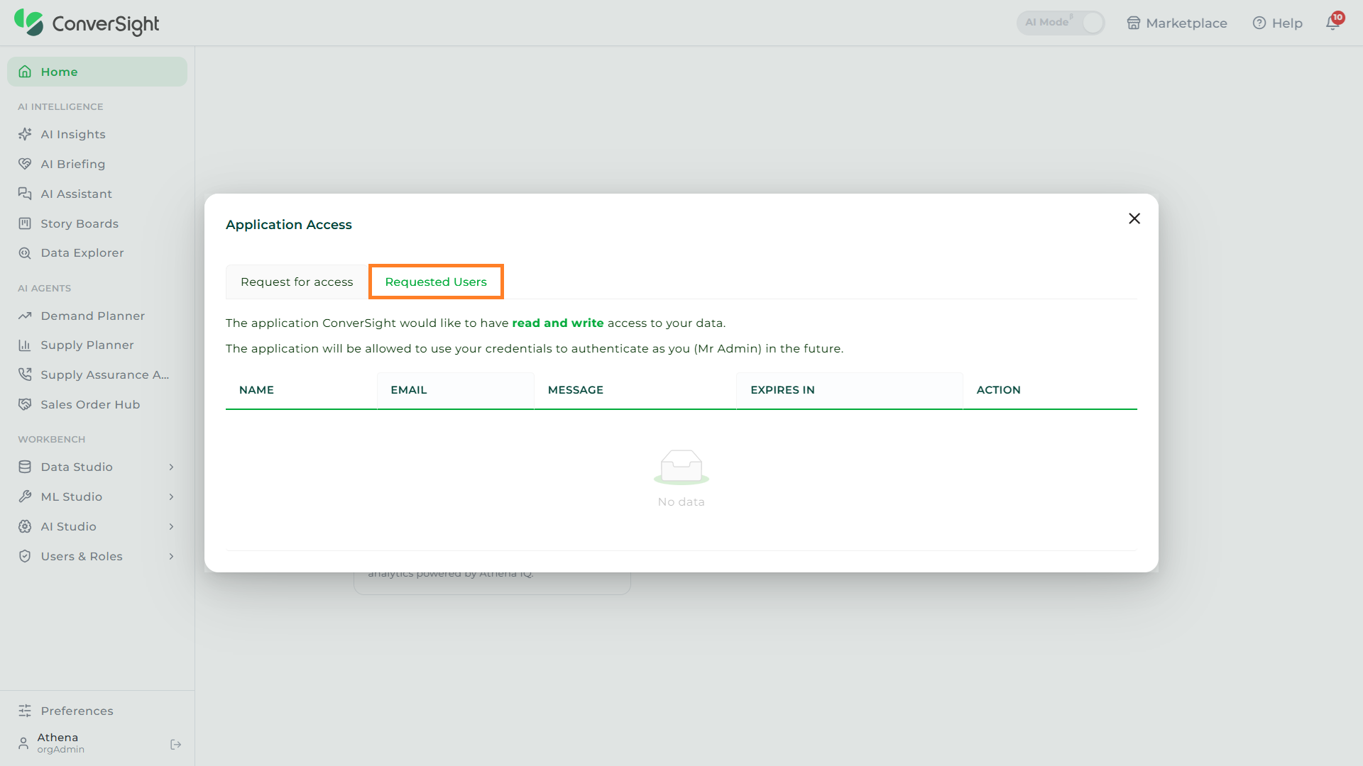 Requested Users tab listing access requests received