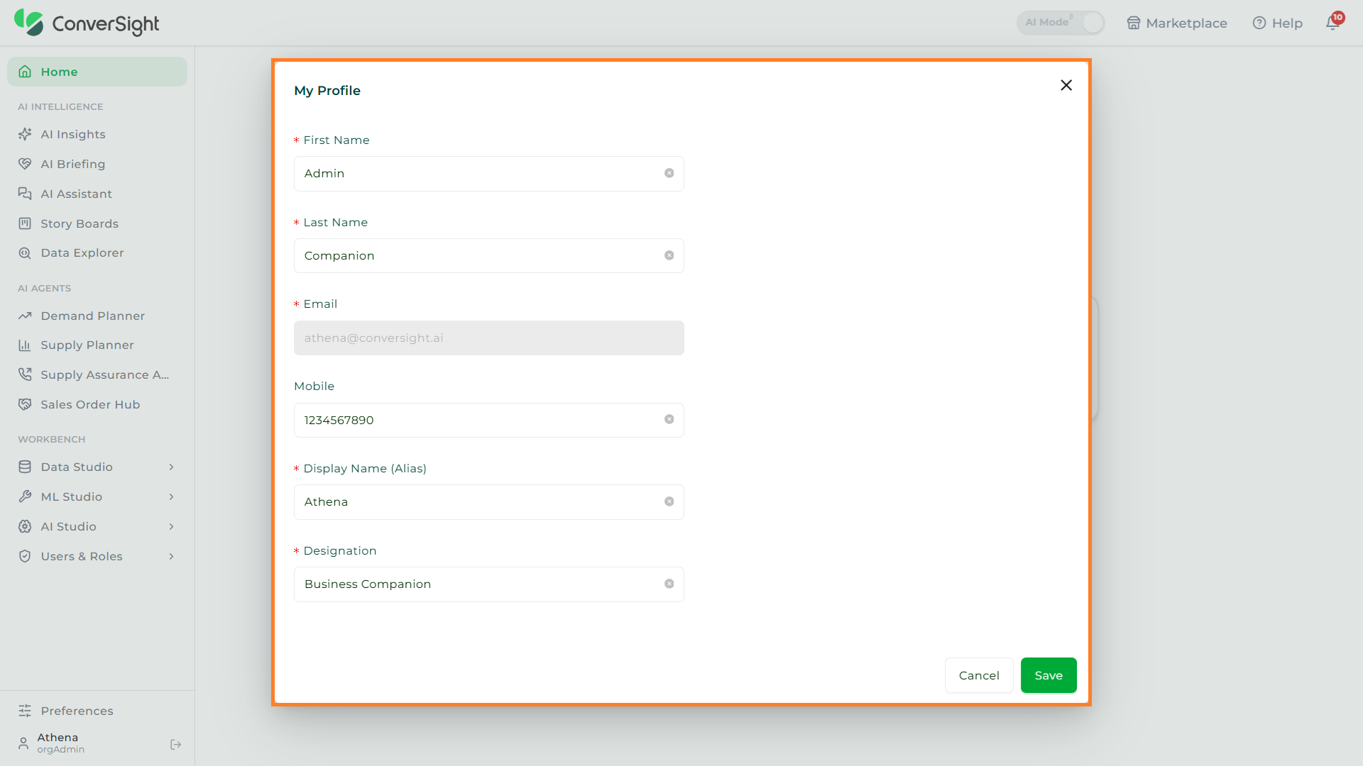 My Profile dialog with personal detail fields