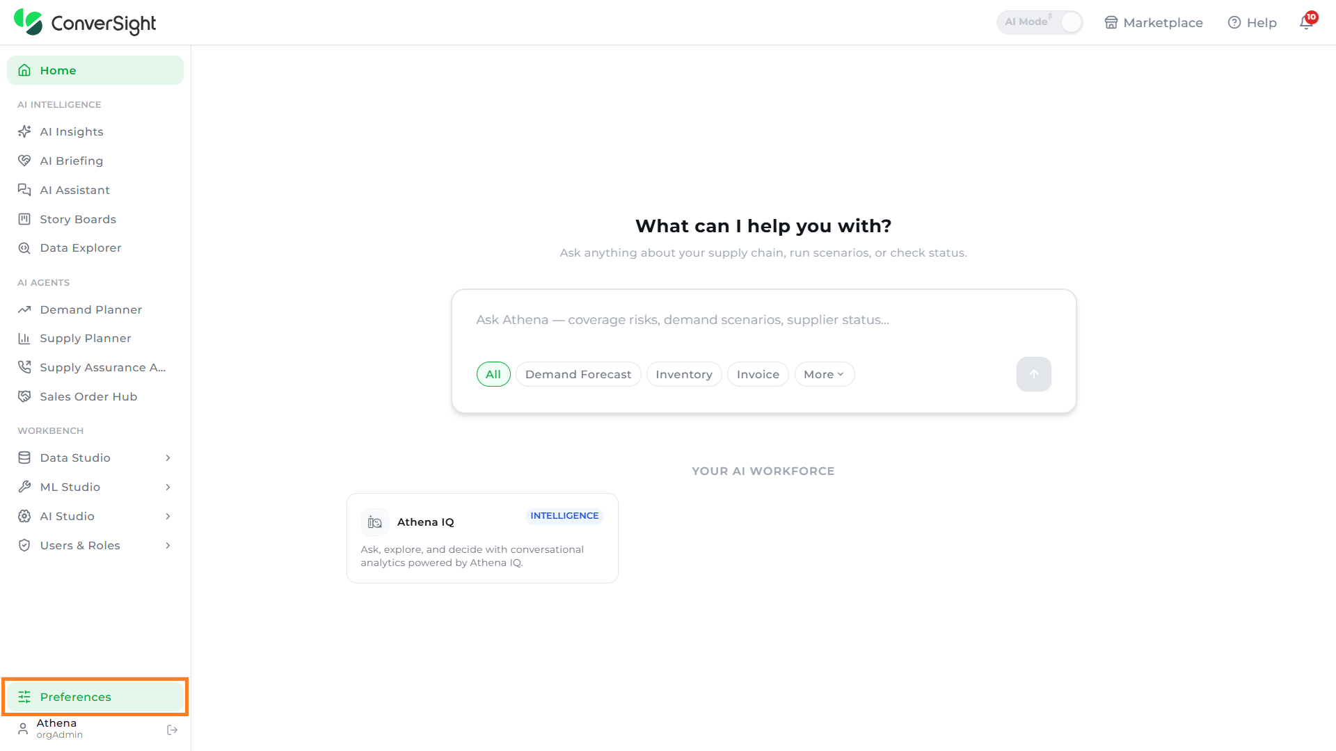 Preferences option highlighted in the sidebar