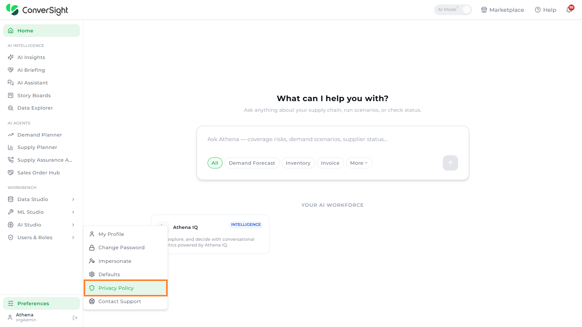 Privacy Policy option highlighted in the Preferences menu