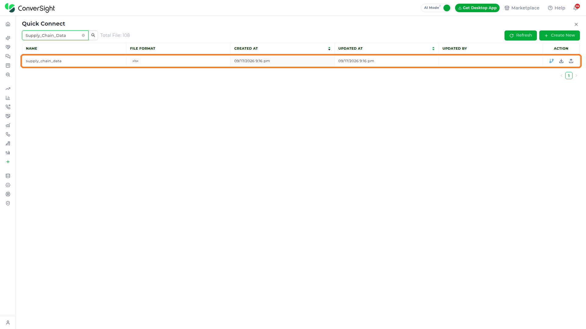 Quick Connect file list with the newly created Supply Chain Data file highlighted