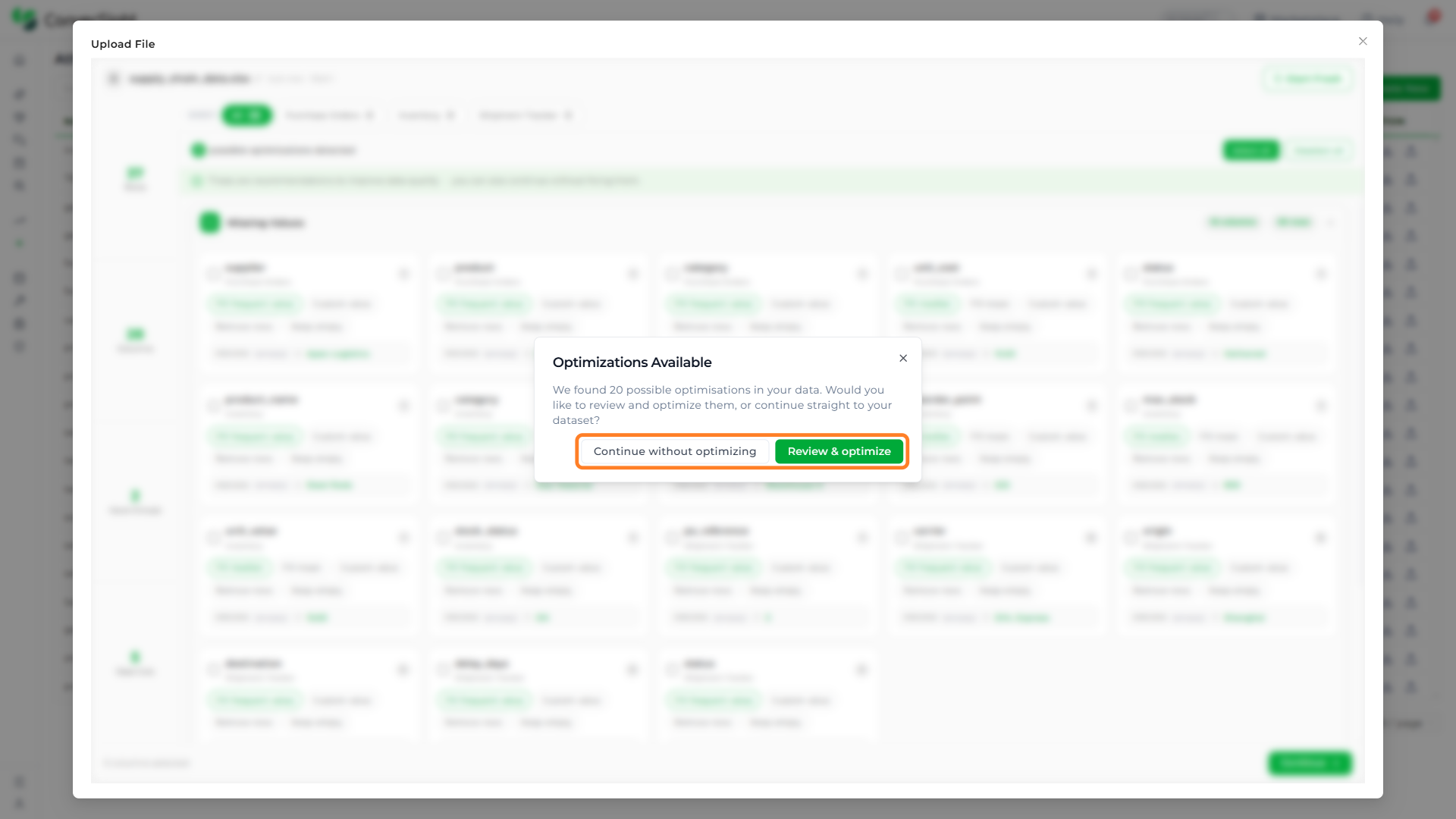 Optimizations Available popup with the Review and optimize and Continue without optimizing buttons highlighted