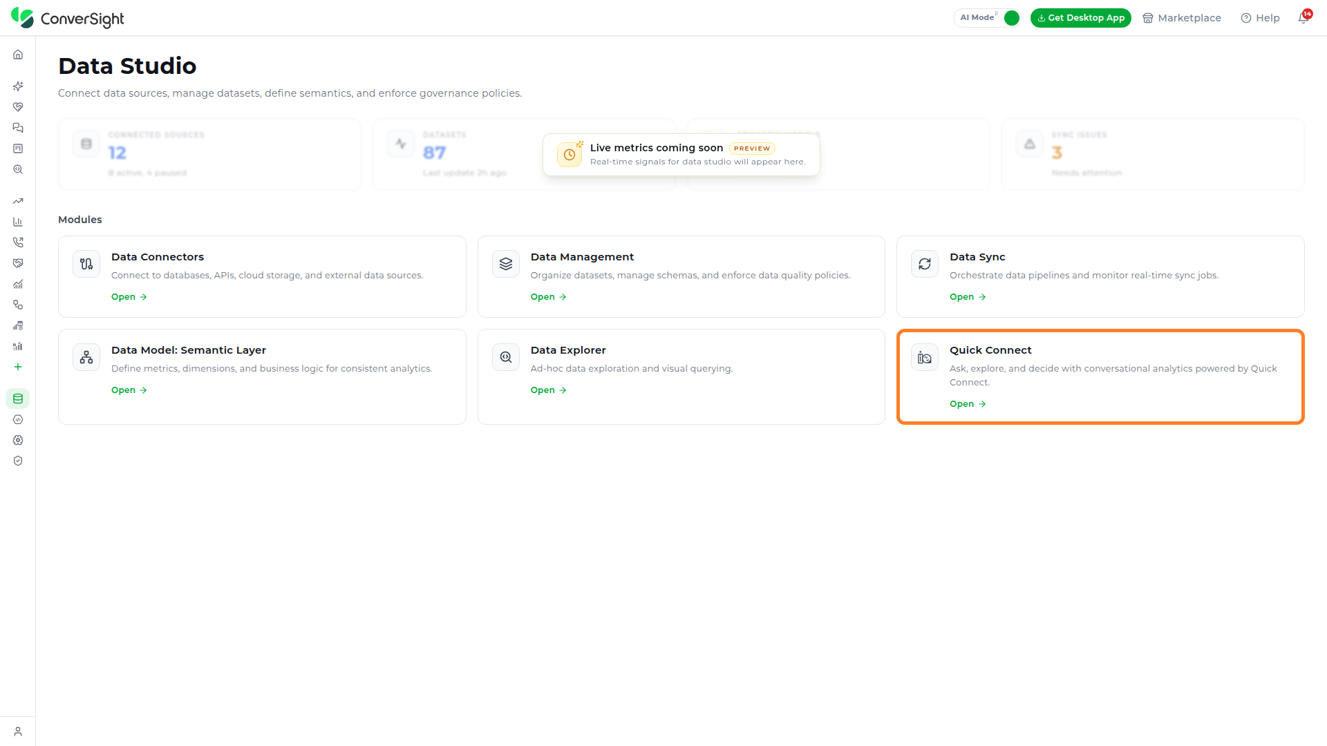 Quick Connect option highlighted in the Data Studio section of the left navigation panel