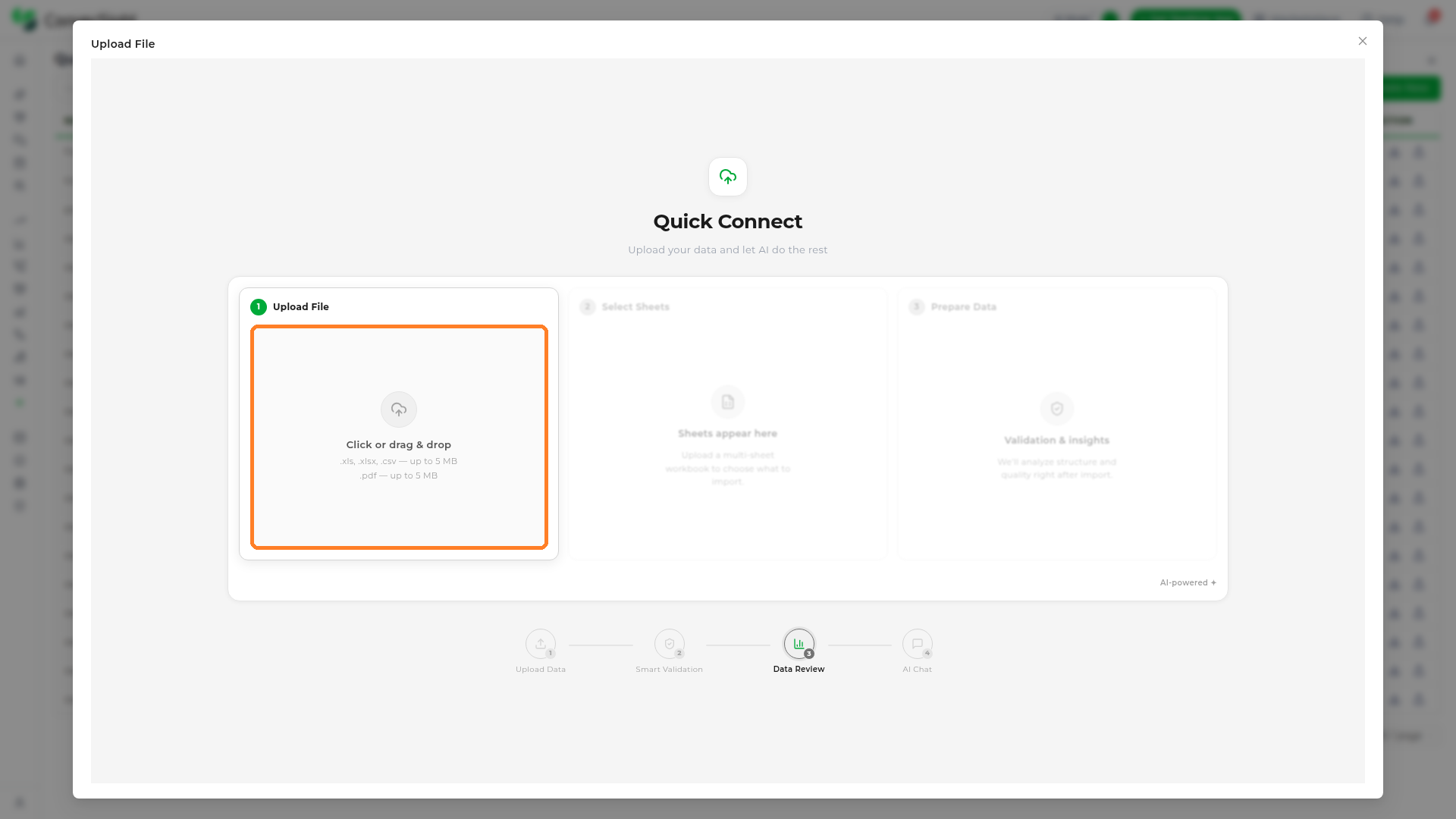 Upload File popup with the Click or drag and drop area highlighted in the Upload File panel