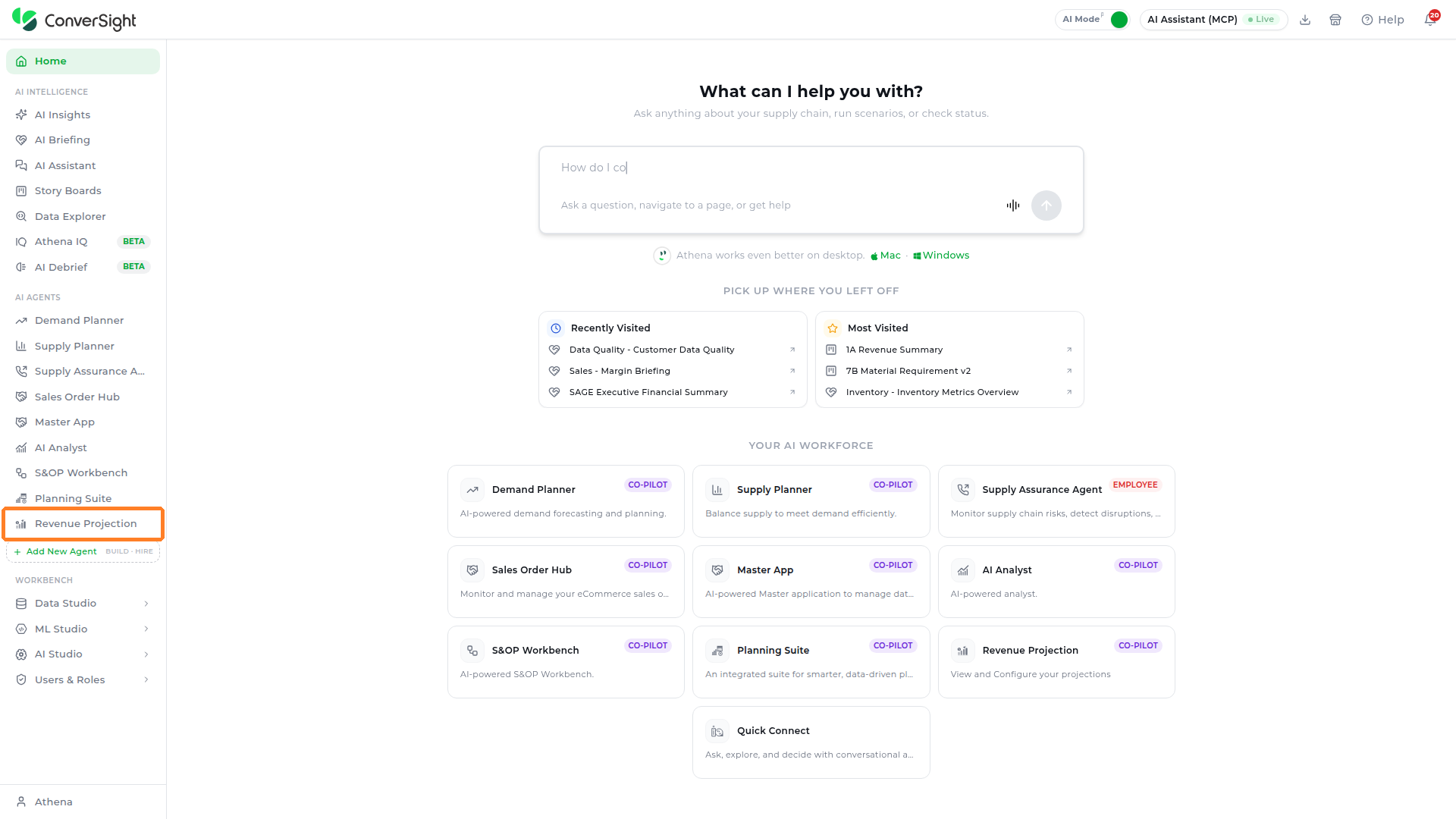 Revenue Projection option highlighted in the AI Agents section of the left navigation panel