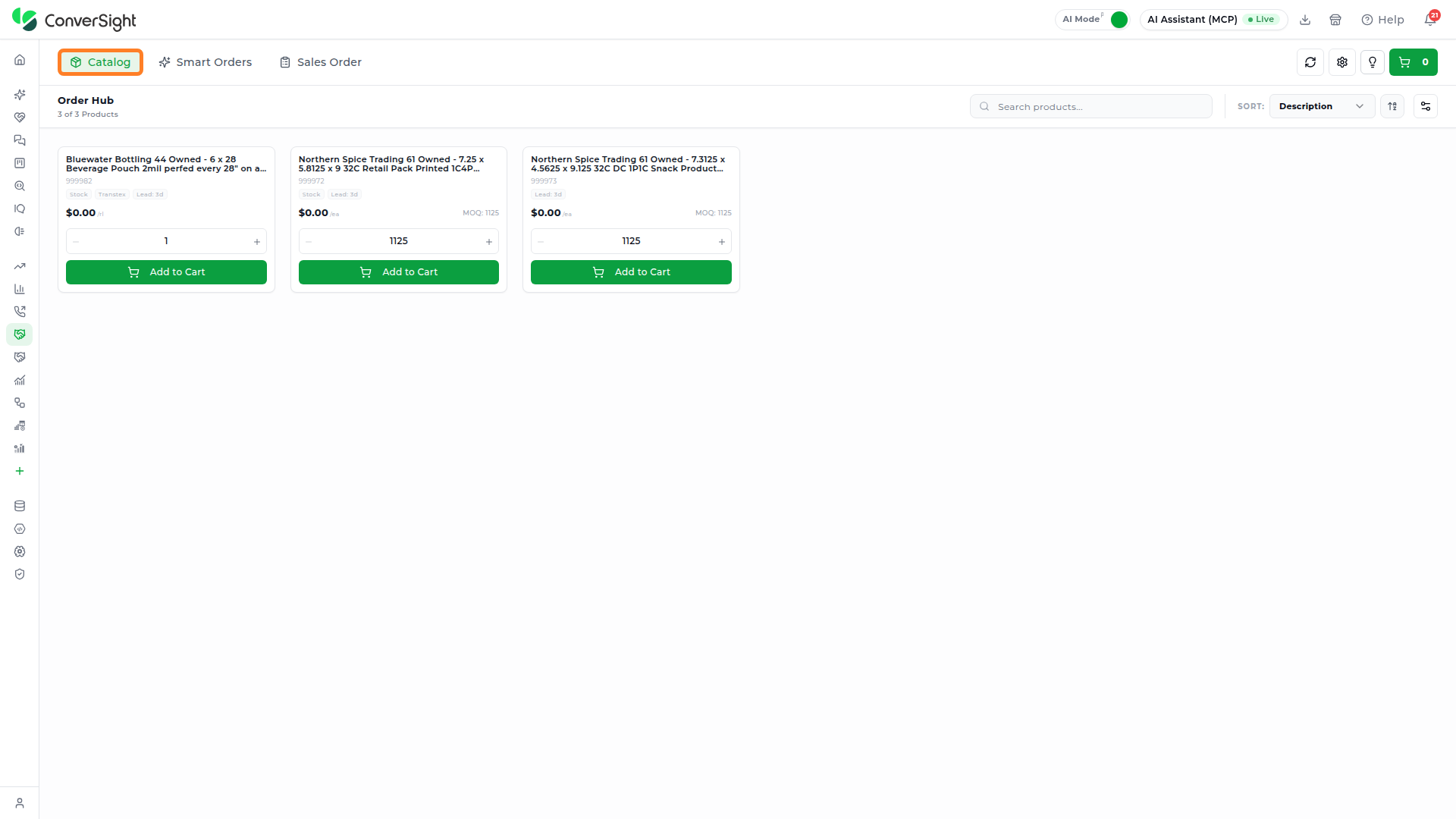 Order Hub Catalog tab with product cards