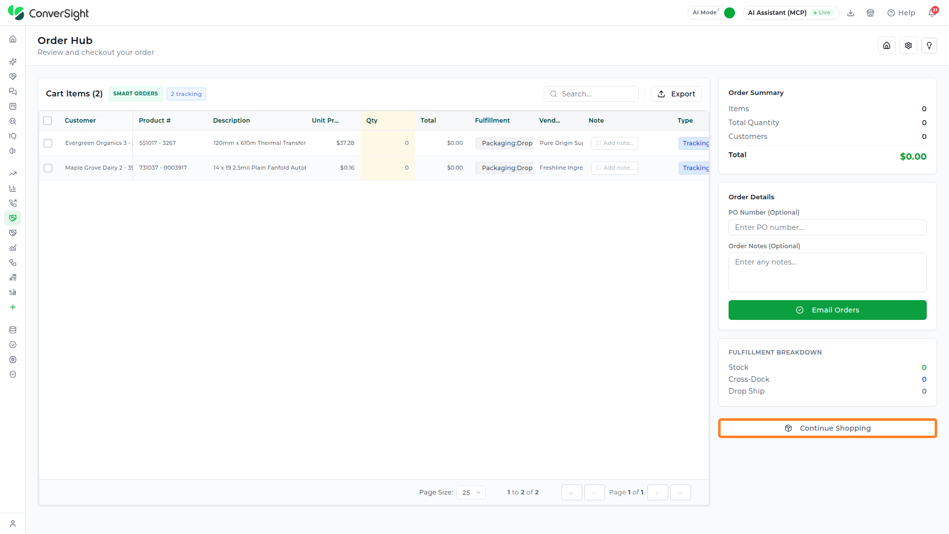 Order Hub Continue Shopping