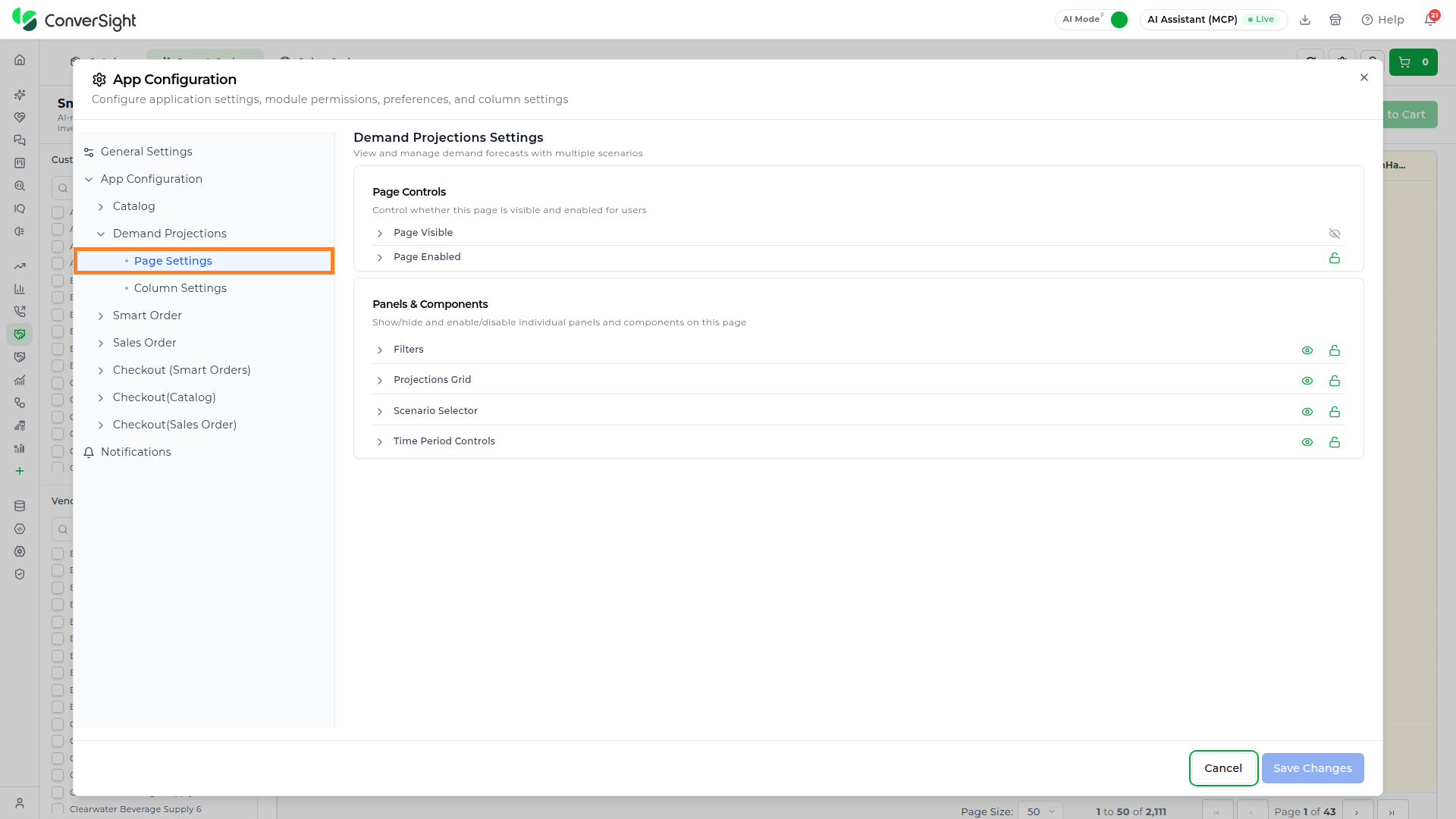 Demand Projections page settings with its panels and components
