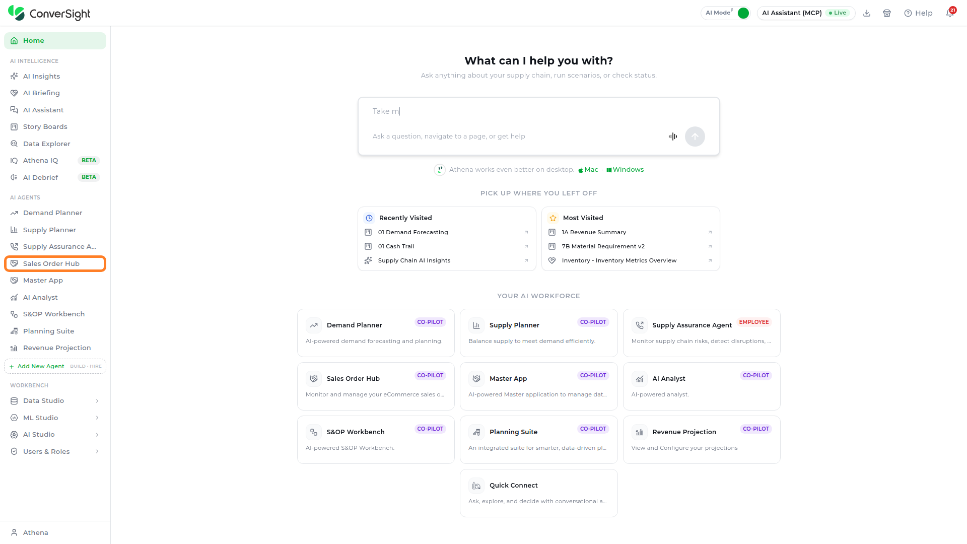 Sales Order Hub under AI Agents in the left navigation