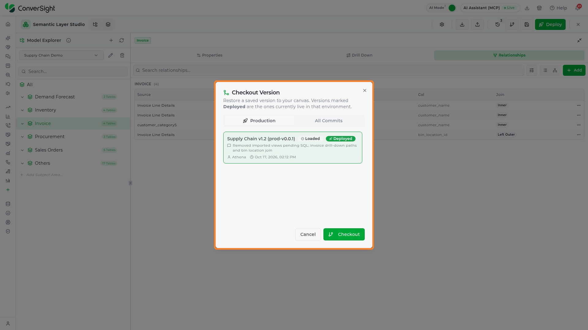 Checkout Version dialog on the Production tab, showing the deployed version with its Loaded and Deployed badges, commit message, author, and timestamp
