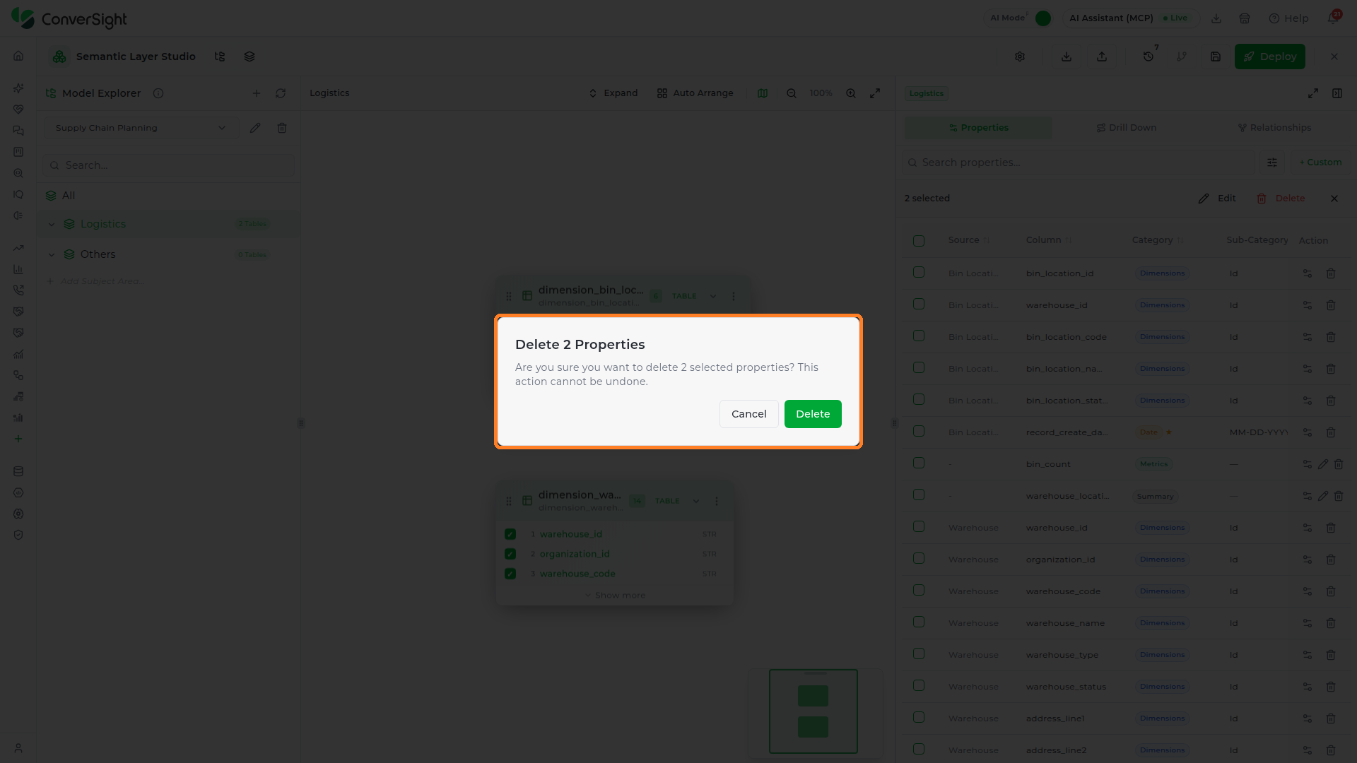 Delete properties confirmation popup with Cancel and Delete buttons