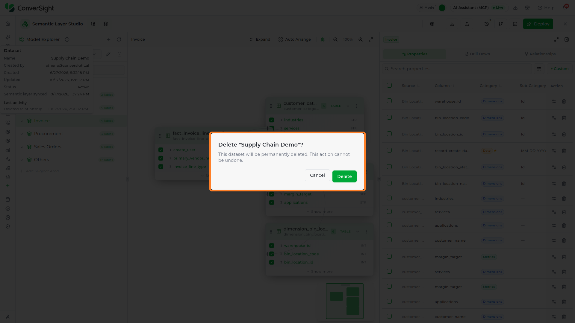 Delete dataset confirmation for Supply Chain V2 with the Cancel and Delete buttons